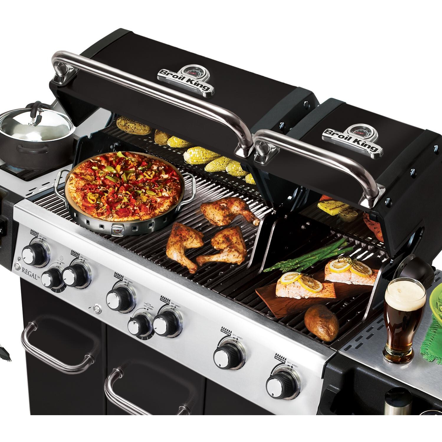 Broil King Regal XL Pro 6-Burner Freestanding Gas Grill - Lids Open With Food thumbnail