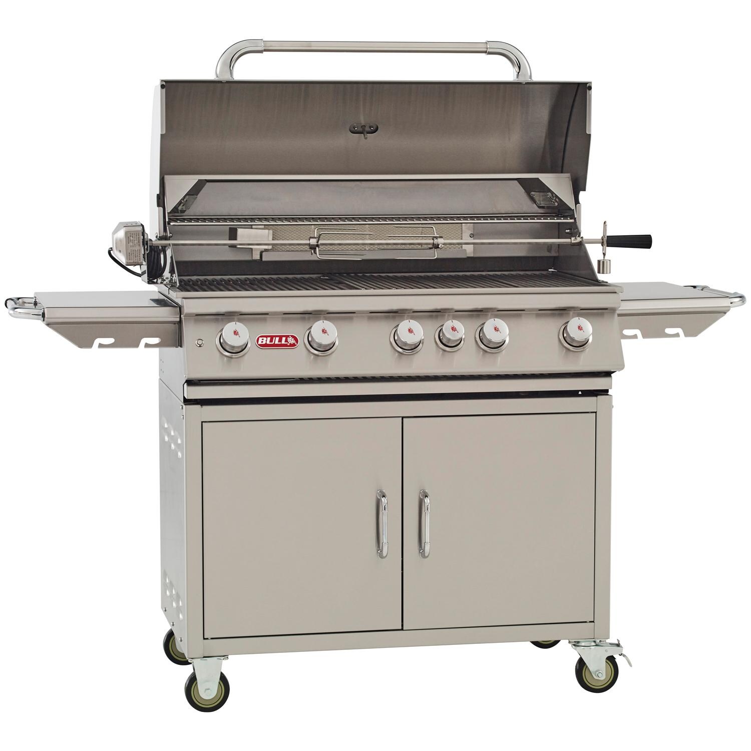 Bull 55001 Brahma 38-Inch 5-Burner Natural Gas Grill Cart - Left Side Angled View W/ Hood Open thumbnail