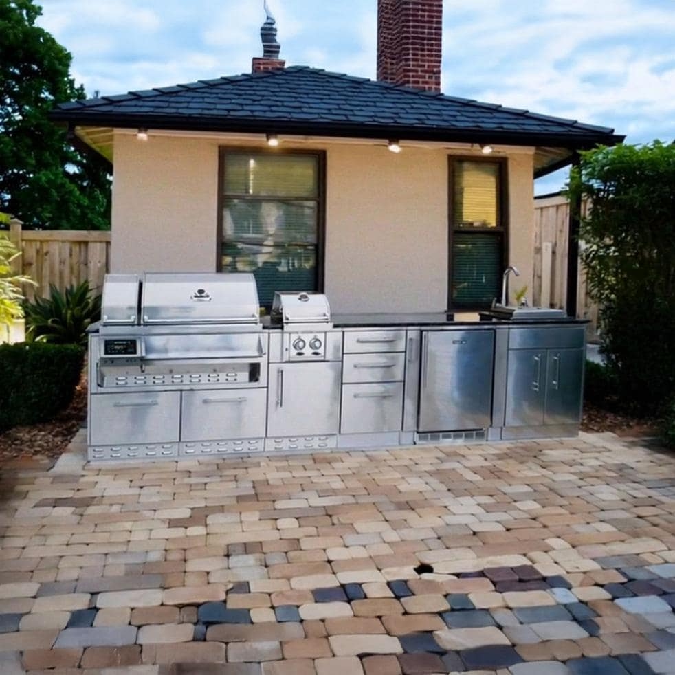 Sunstone Grills SCPCYPRESS11.6-LP Cypress 11 1/2 Ft Outdoor Kitchen Island w/ Propane Grill & Side Burner, Sink, Refrigerator, Door & Drawer - On Patio - Lifestyle thumbnail