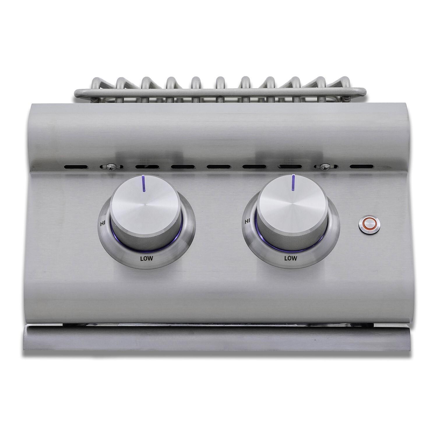 Blaze BLZ-SB2-LTEPLUS-LP LTE+ Propane Stainless Steel Double Side Burner w/ Lid - Front View w/out Lid - White Background