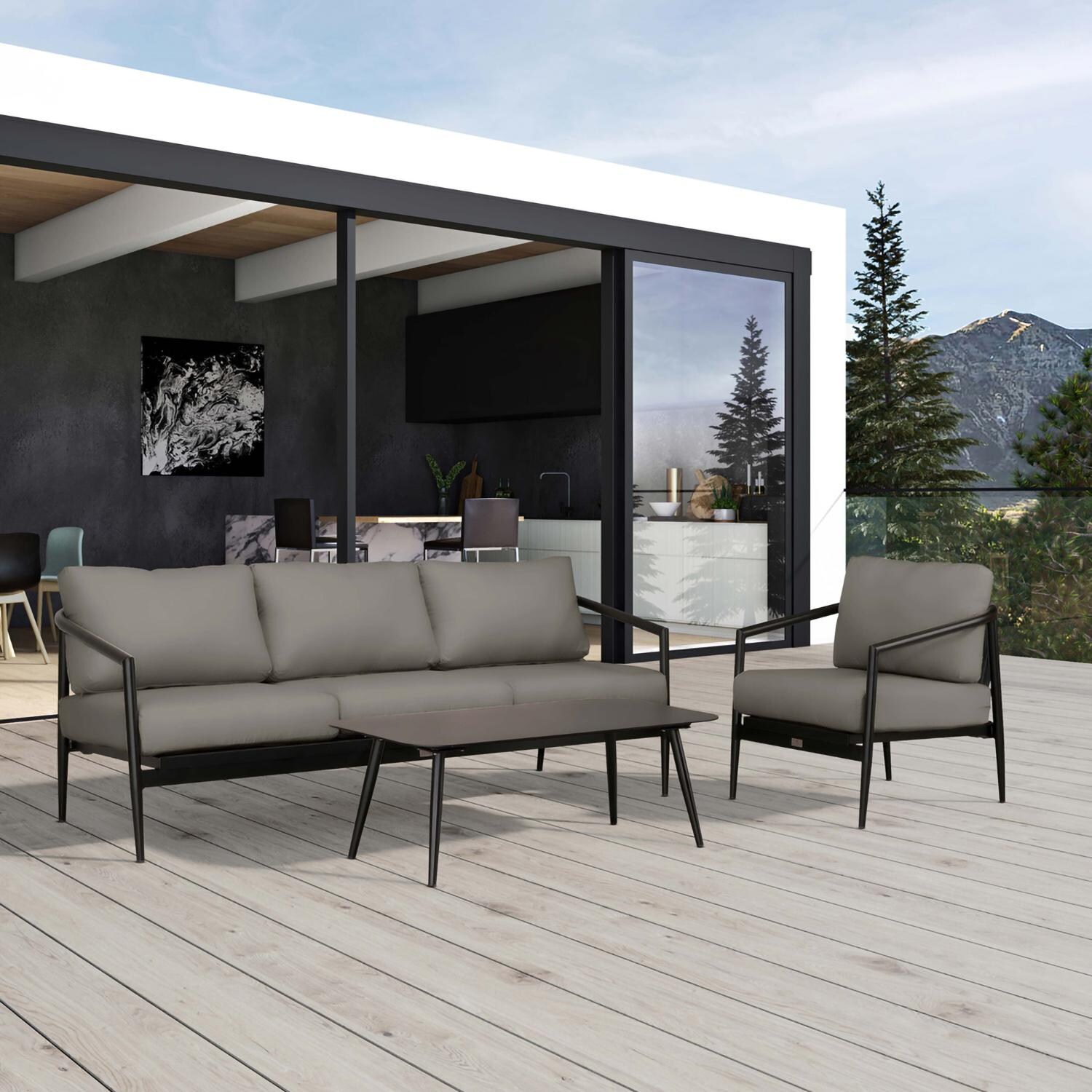 Lakeview Midnight Cove 3 Pc Aluminum Sofa Seating Set in Black/Carbon/Canvas Charcoal - Detail - Lifestyle thumbnail