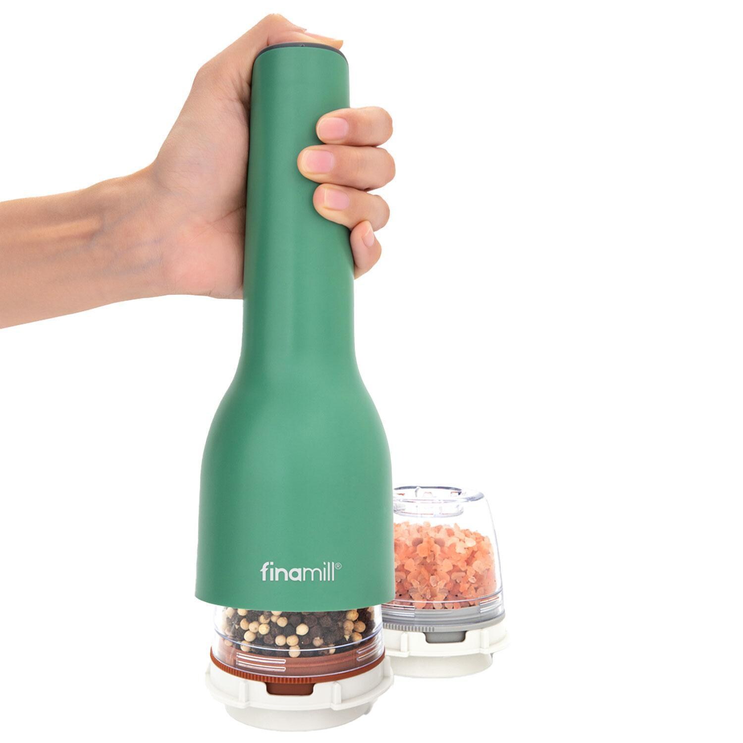 FinaMill GP813437-111SAG Classic Rechargeable Spice Grinder in Sage w/ 1 Everyday Pod & 1 Peppercorn Pod - Easy Hand Grip - White Background thumbnail