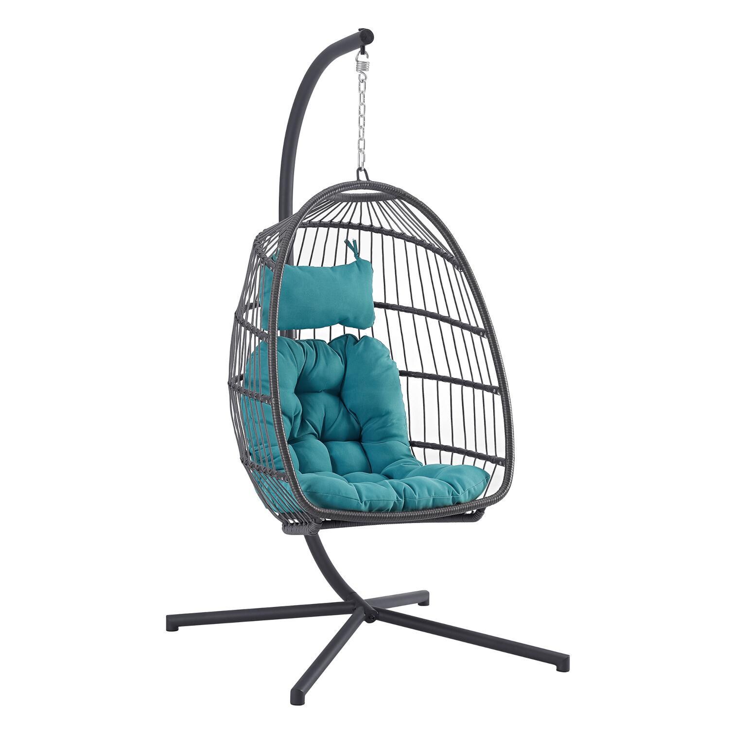 Ultimate Patio Resin Rattan Swing Chair W/ Steel Frame - Gray/Teal - Angled Right thumbnail