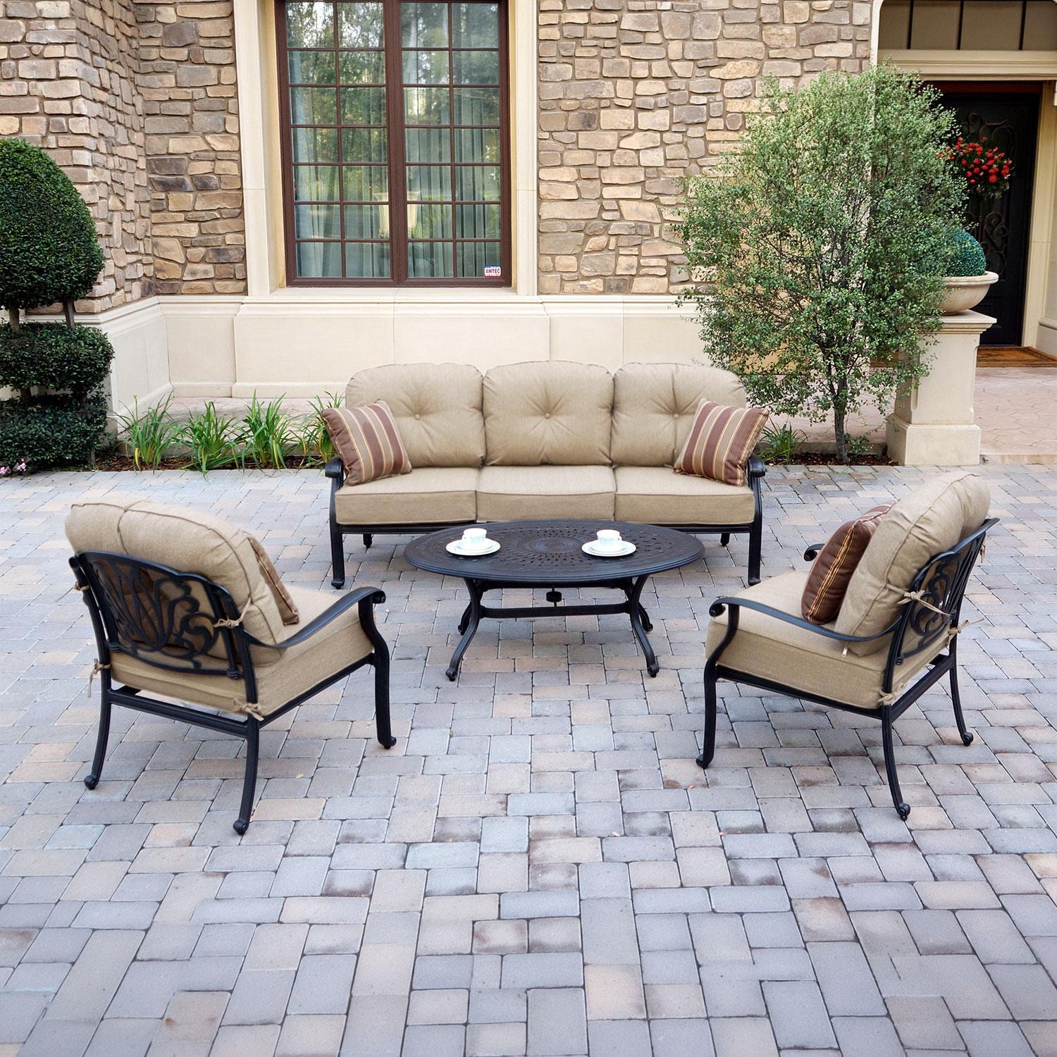 Darlee Elisabeth 4 Pc Cast Aluminum Seating Set w/ 46 X 31 Inch Oval Table & Throw Pillows in Antique Bronze/Beige Canvas - Set - Lifestyle thumbnail