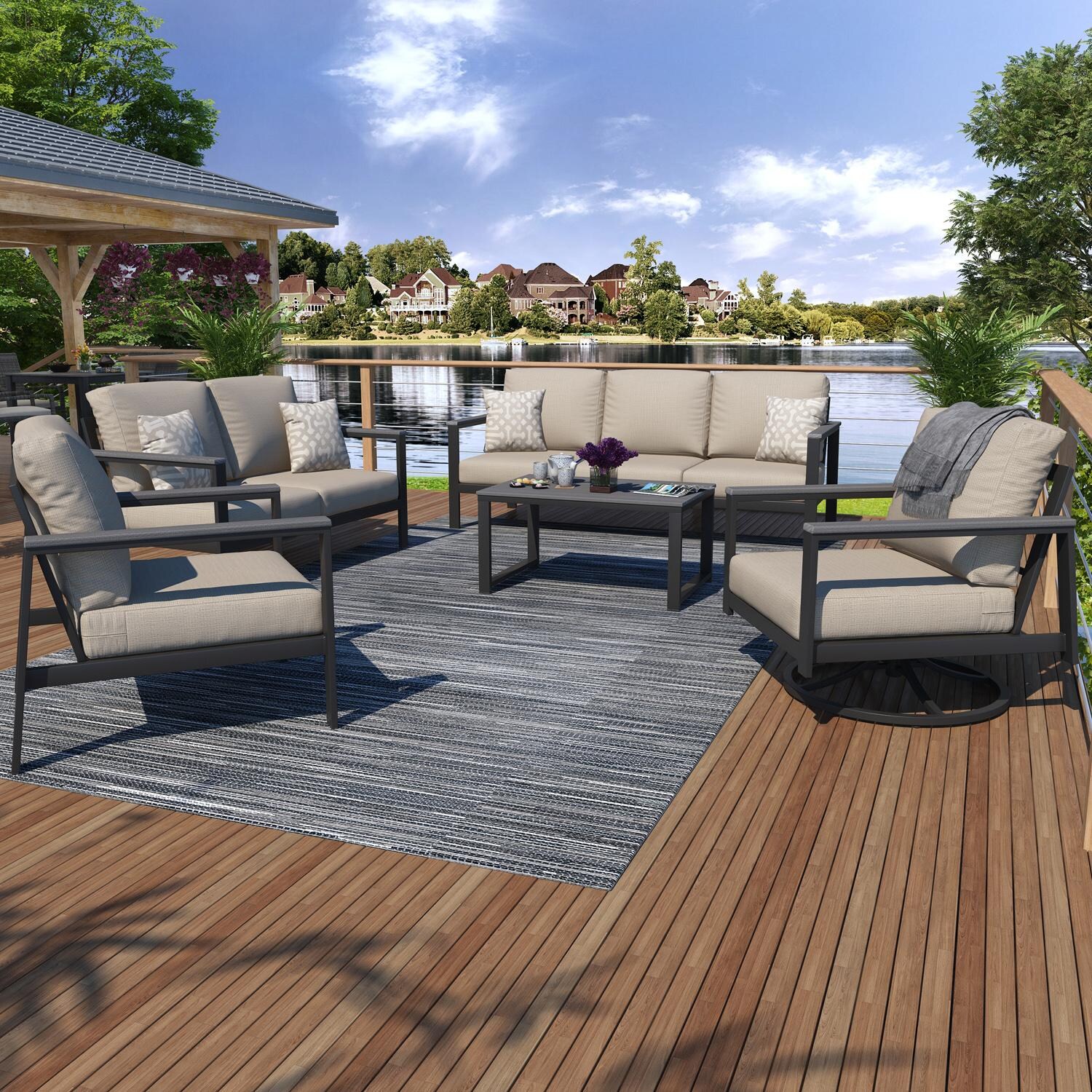 Lakeview NC6400TANGARM-9PC-SM Oasis Bay 9 Pc Aluminum Seating Set in Brown/Spectrum Mushroom - Set - Lifestyle thumbnail