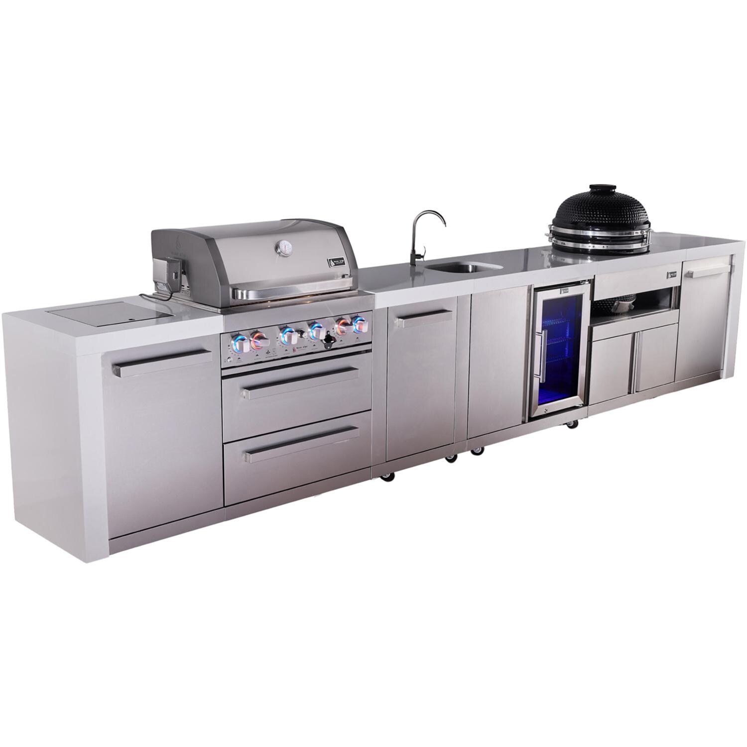 Mont Alpi Deluxe Series 15 1/2 Ft Natural Gas Outdoor Kitchen Island w/ 32-in Grill, Side Burner, Beverage Center, Kamado Module & Extra Door (Ships Propane w/ Conversion Kit) - Angled Left - White Background thumbnail