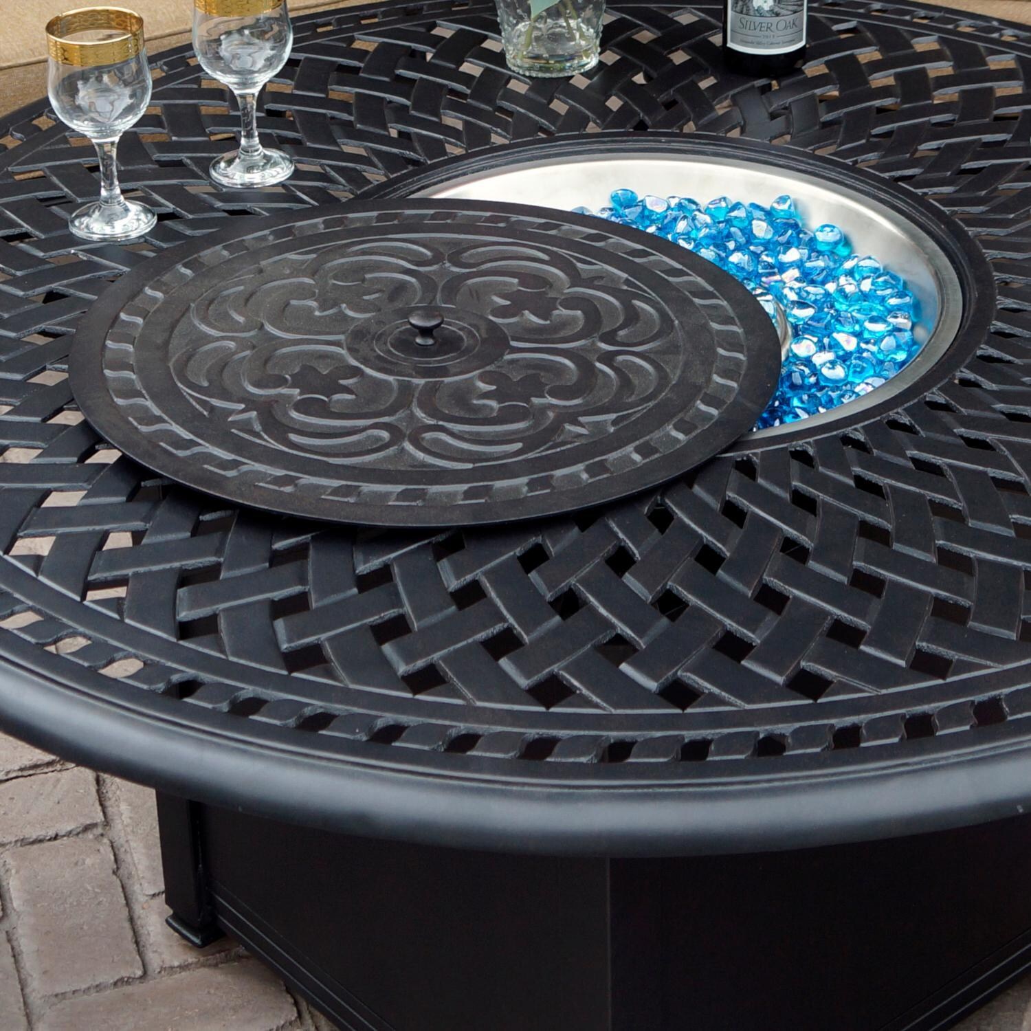 Darlee Santa Barbara 5 Pc Cast Aluminum Fire Pit Seating Set w/ 52 Inch Signature Table & 2 Swivel Rockers - Fire Pit, In Use w/ Lid Open - Detail thumbnail