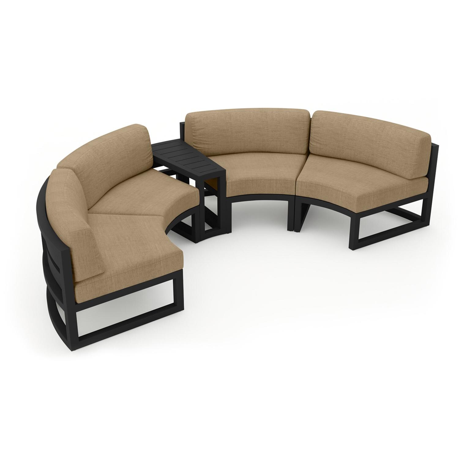 Lakeview MSTYCV-BK-3CSEC-HB Misty Cove 3 Pc Aluminum Curve Sectional Set in Black w/Wedge End Table & Heather Beige Cushions by Lakeview Outdoor Designs - Set Angled View - White Background thumbnail