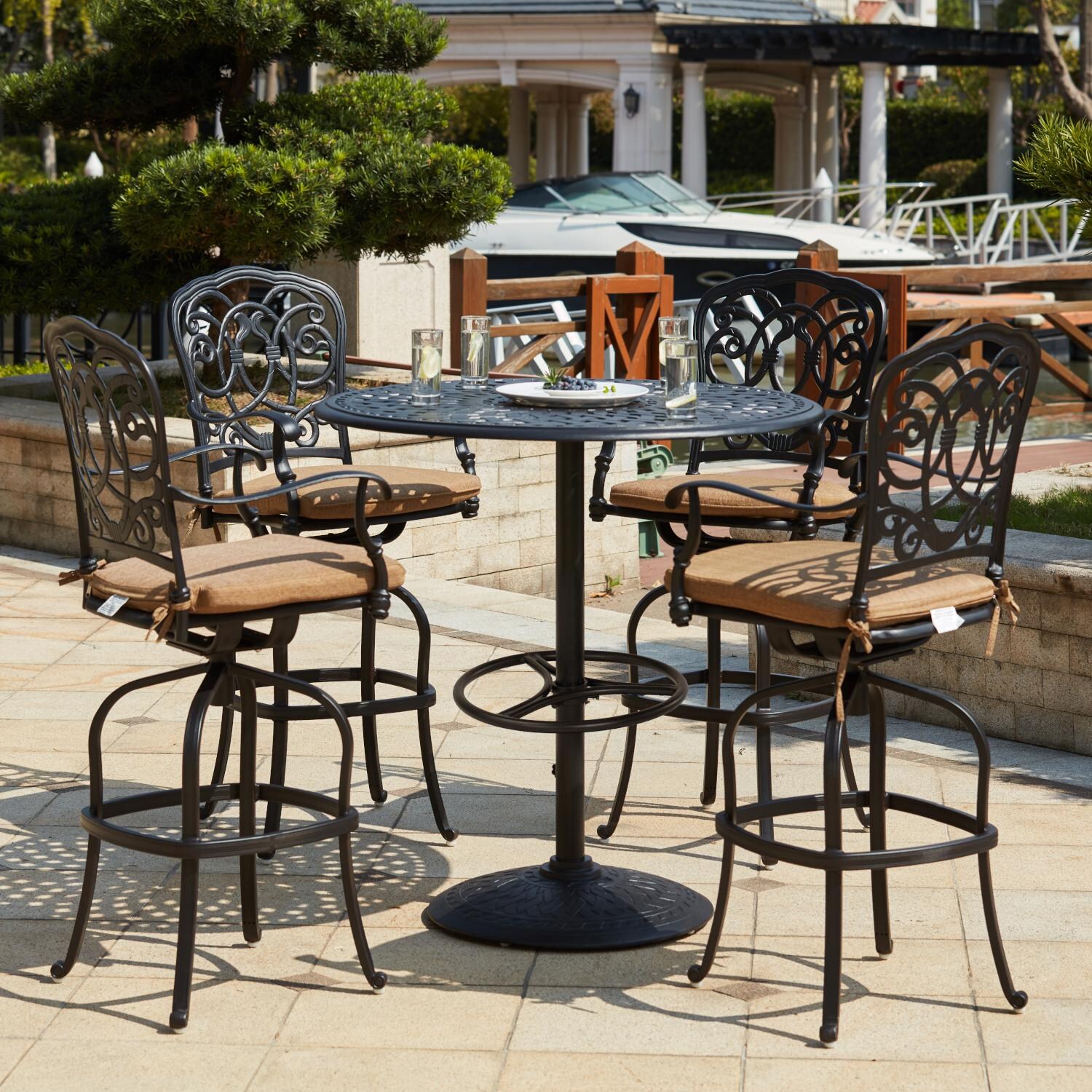 Darlee Florence 5 Piece Cast Aluminum Patio Bar Set W/ 60 Inch Round Table & Sesame Cushions image