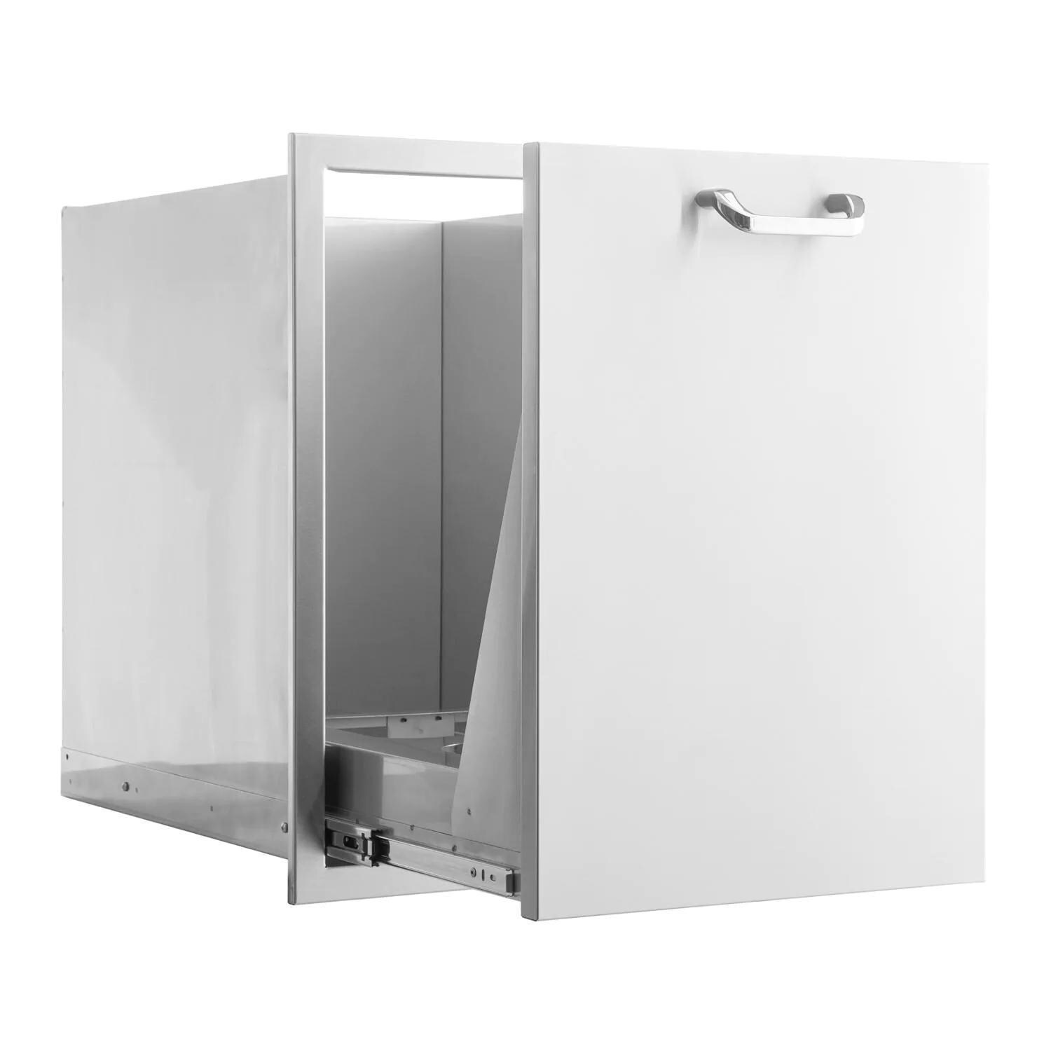 BBQGuys Signature 20-Inch Stainless Steel Roll-Out Double Trash & Recycling Bin - Drawer Open - White Background thumbnail