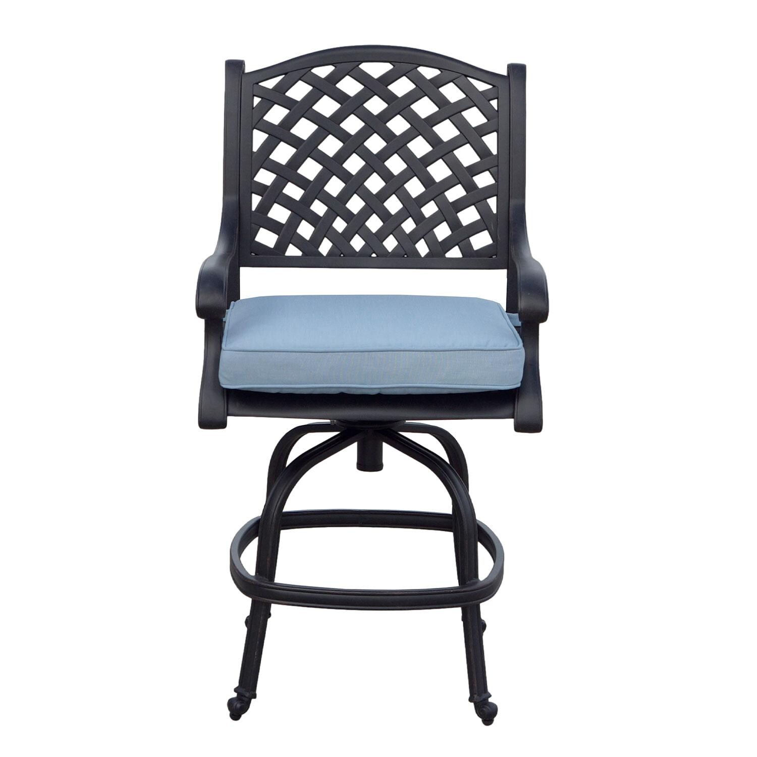 Nassau Cast Aluminum 4 Pc Set Swivel Counter Height Bar Stool Set in Antique Bronze/Sky Blue by Darlee - Front View - White Background thumbnail