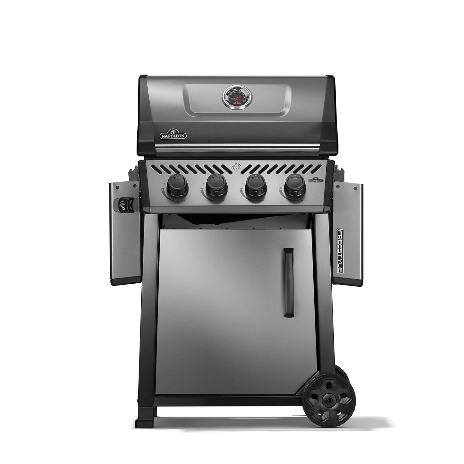 Napoleon F425DNGT Freestyle 425 4 Burner Natural Gas Grill - Graphite Grey - Shelves Down - White Background thumbnail