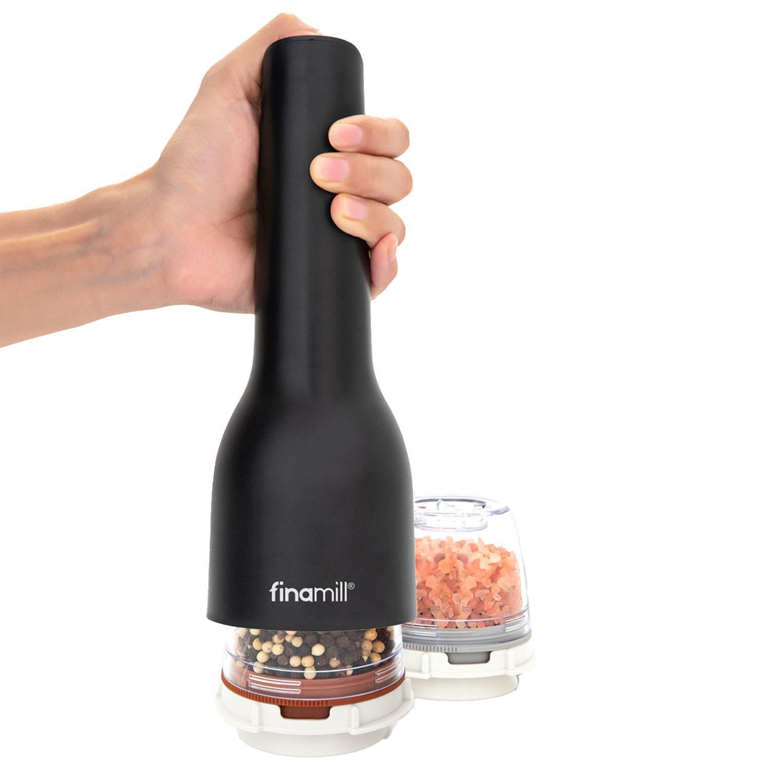 FinaMill GP813437-111MIB Classic Rechargeable Spice Grinder in Midnight Black w/ 1 Everyday Pod & 1 Peppercorn Pod - Easy Hand Grip - White Background thumbnail