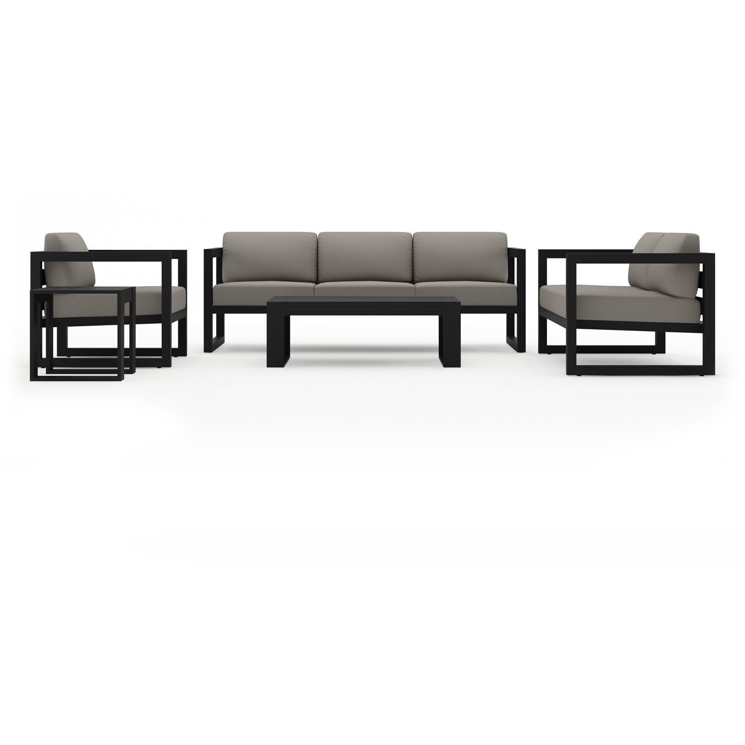 Lakeview MSTYCV-BK-5SS-CC Misty Cove 5 Pc Aluminum Seating Set in Black w/Portal Coffee Table & Canvas Charcoal Cushions by Lakeview Outdoor Designs - Front View - White Background thumbnail