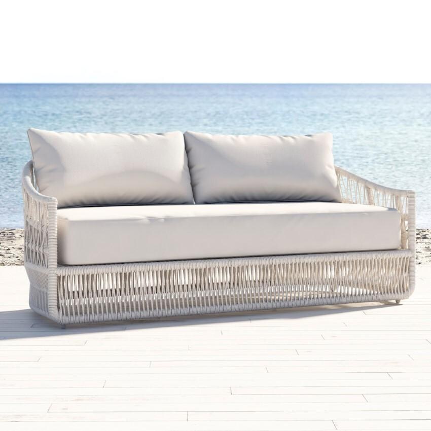 Dana 3 Person Woven Rope Sofa w/ Self Welt in Natural/Canvas Skyline by Sunset West - Shown in Canvas Skyline - Lifestyle thumbnail