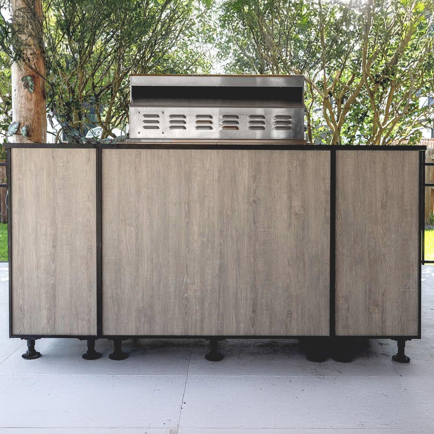 BBQGuys Signature Beech 6 Ft Outdoor Kitchen Island w/ Blaze Propane Grill in Riverside Oak/Marquina Black - Back - Lifestyle thumbnail