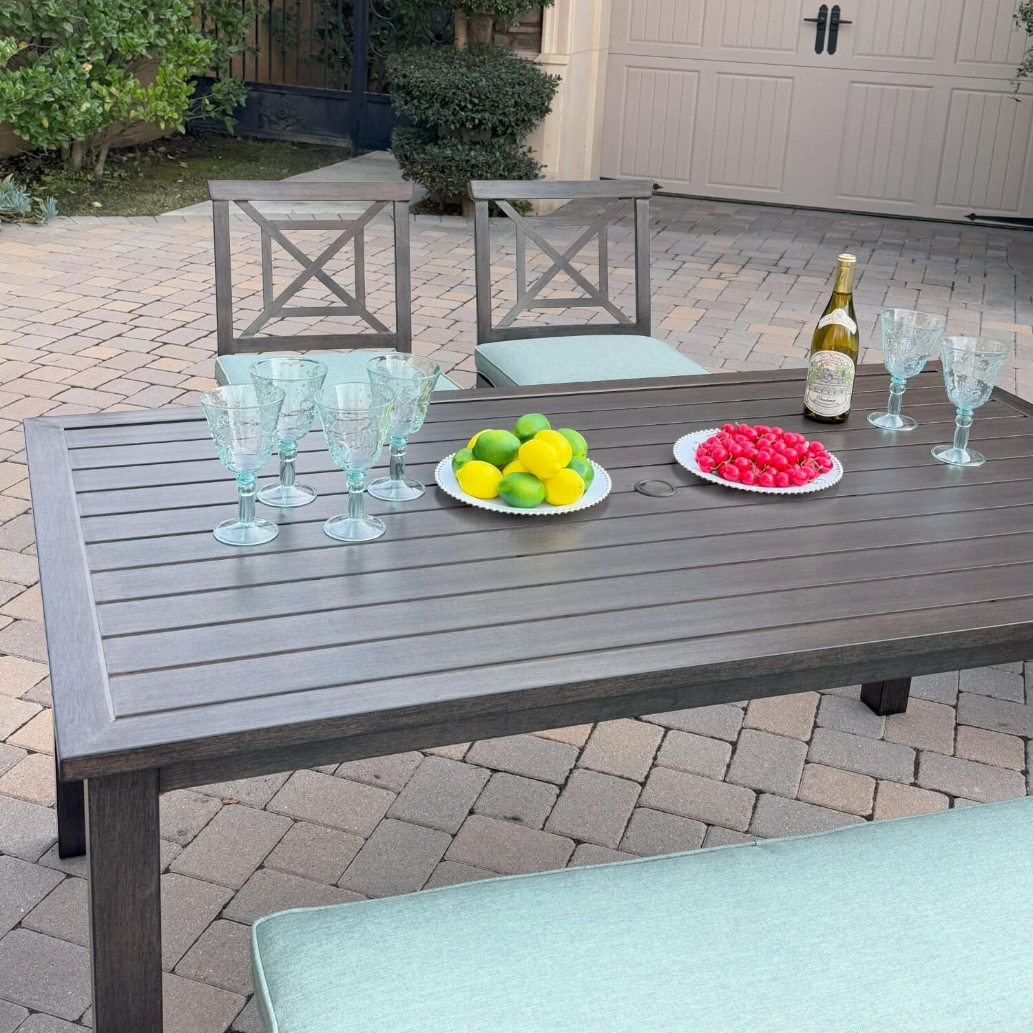 Atlantis 6 Pc Aluminum Dining Set w/ 4 Dining Side Chairs & Two Person Bench in Walnut/Spa by Darlee - Table - Angled - Lifestyle thumbnail