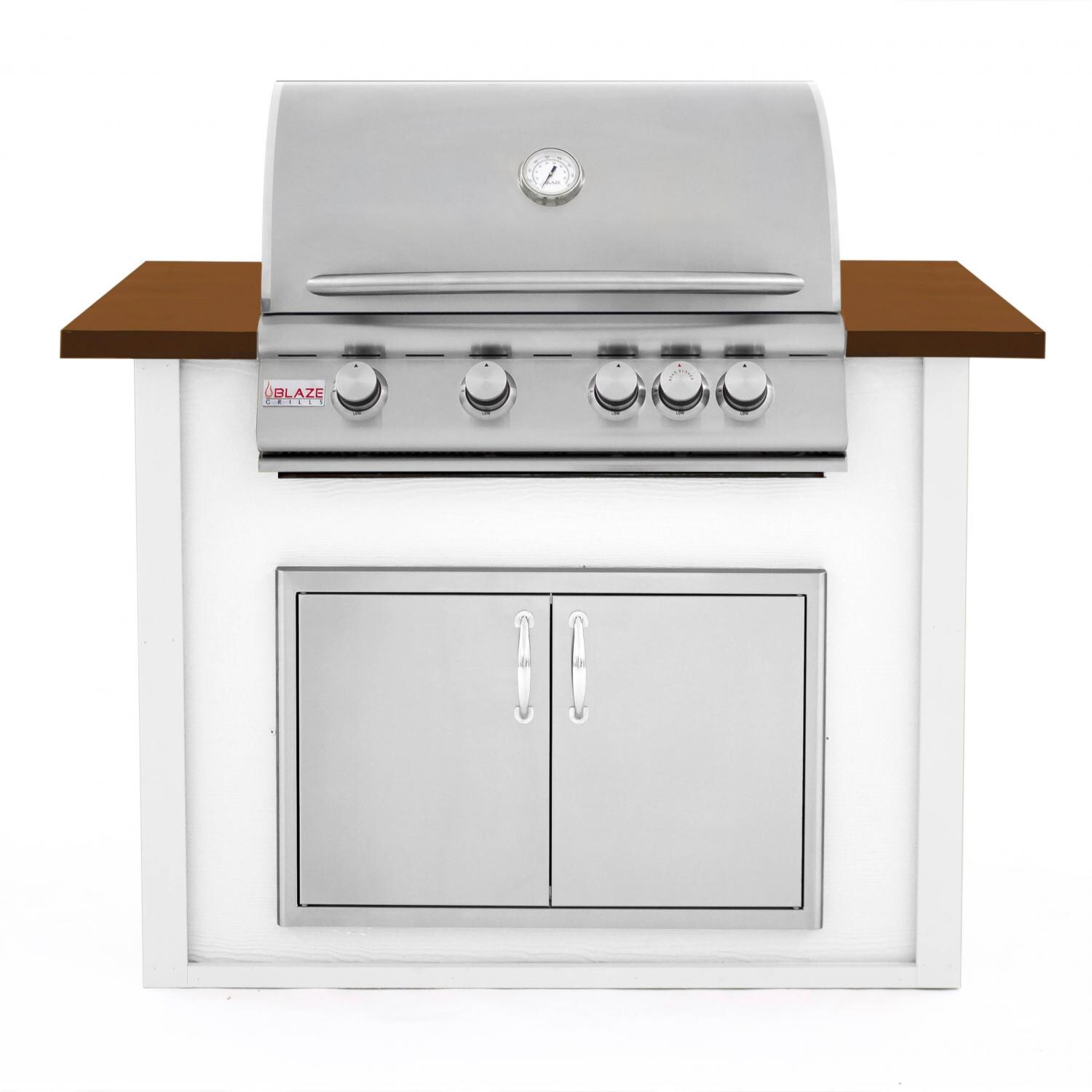 BBQGuys.com 4 Ft BBQ Island With Blaze 32-Inch Natural Gas Grill & Double Access Door - White/Tan - BLZADNG-4VP3PWMT thumbnail