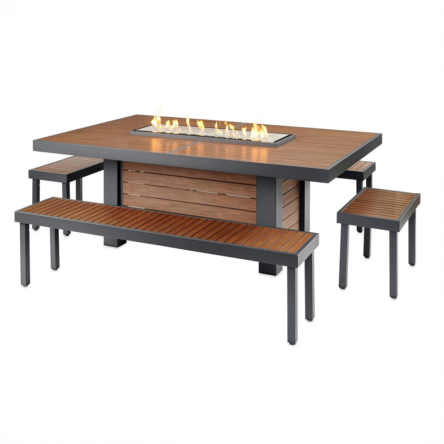 Revere 5 Pc Cast Aluminum Propane Fire Pit Dining Set in Brown by Lakeview Outdoor Designs - Set - White Background thumbnail