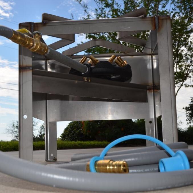 The St. Romain Cooker NG20SS 130,000 BTU Natural Gas Patio Burner And Stainless Steel Stand - Bottom Angle View thumbnail