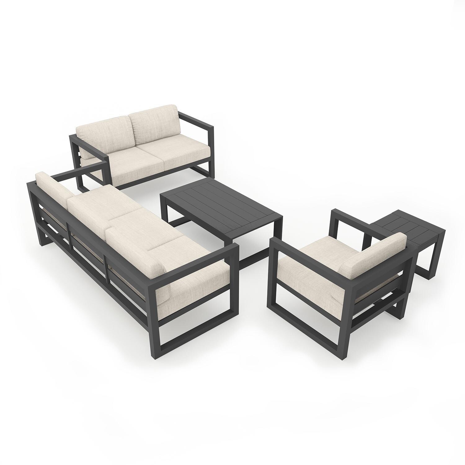 Misty Cove 5 Piece Seating Set in Slate w/Portal Coffee Table & Cast Silver Cushions by Lakeview - Complete Set - White Background thumbnail