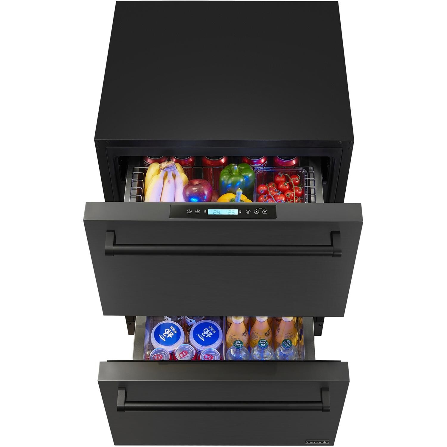 NewAir NOF110BSD0 24 Inch 4.1 Cu. Ft. Dual Drawer Commercial Built-In Outdoor Refrigerator & Freezer - Black Stainless Steel - Open - White Background thumbnail