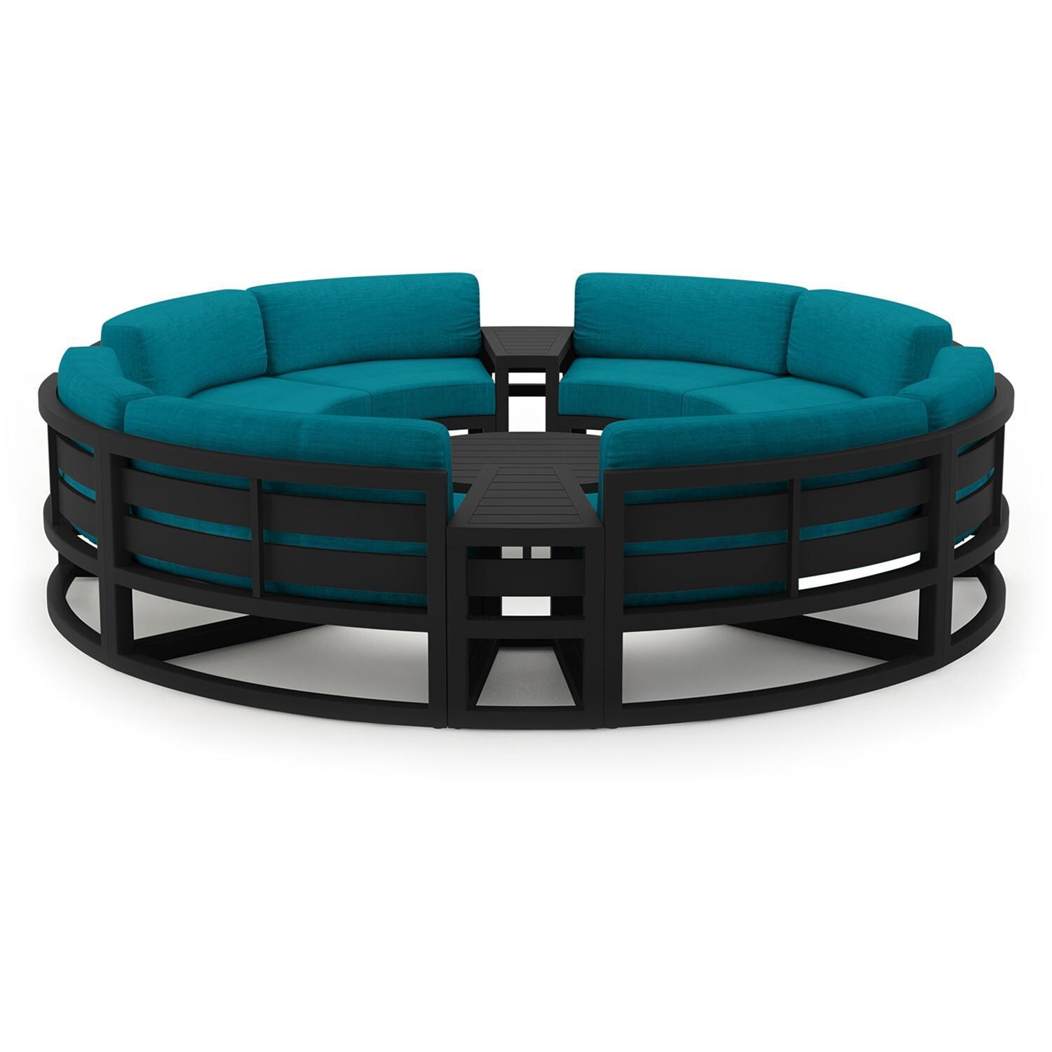 Lakeview MSTYCV-BK-7CSEC-PC Misty Cove 7 Pc Aluminum Curve Sectional Set in Black w/Coffee Table & Spectrum Peacock Cushions by Lakeview Outdoor Designs - Set - White Background thumbnail