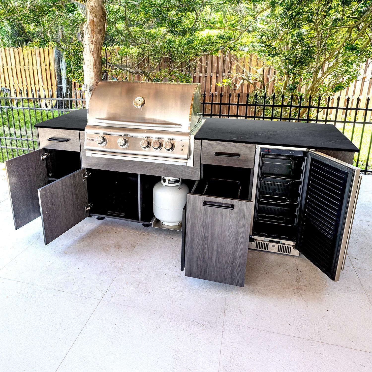 BBQGuys Signature Oasis 8 Ft Outdoor Kitchen Island w/ Blaze Natural Gas Grill & Refrigerator in Grey Cedar/Lunar Grey - Open - Lifestyle thumbnail
