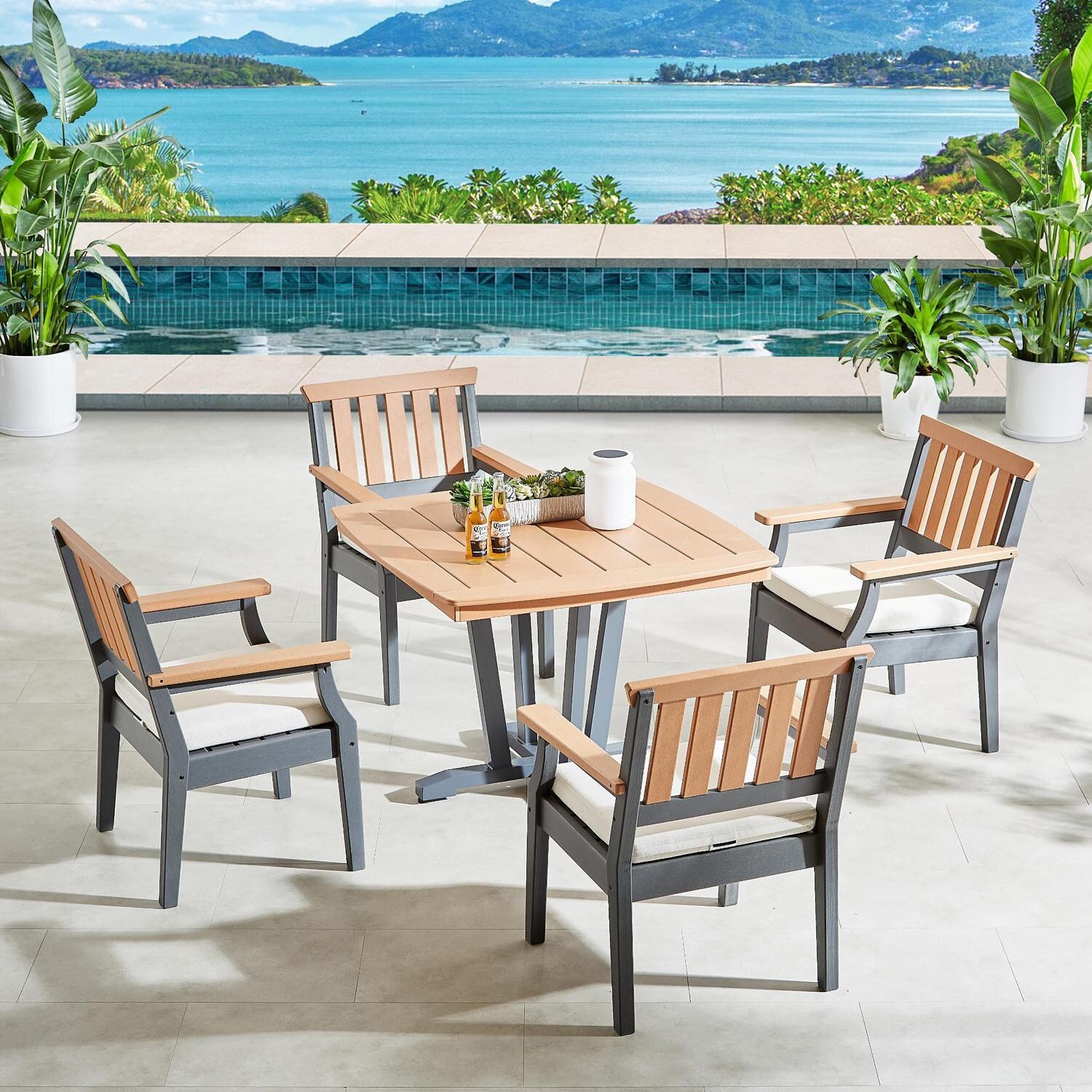 Lakeview Outdoor Designs LV-257-5AC Sabine Landing 5 Pc Polyresin Dining Set w/ Armchairs in Gray - By The Pool Chairs Out - Lifestyle thumbnail