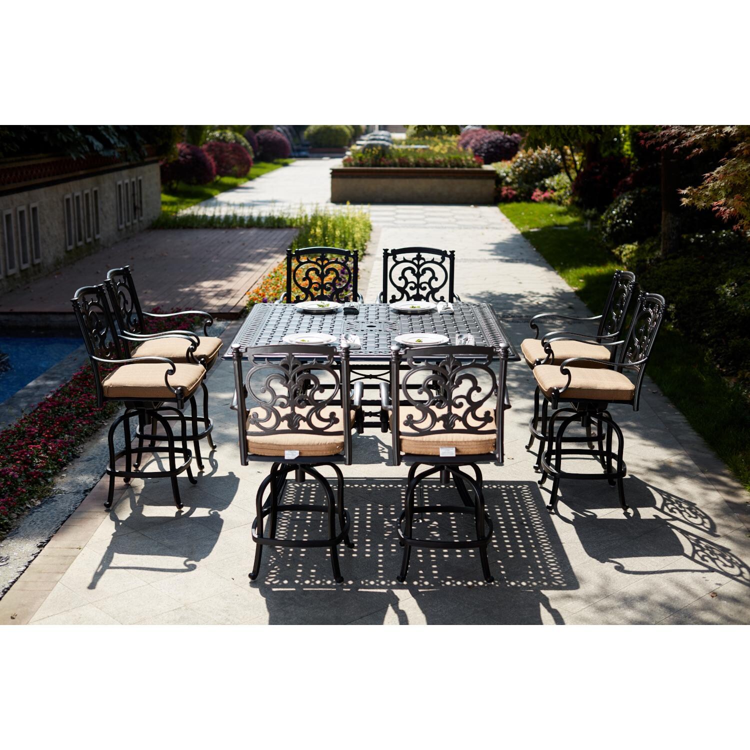 Darlee 201010-9PC-88WCH Santa Barbara 9 Piece Cast Aluminum Patio Counter Height Dining Set W/ 60 Inch Square Table & Sesame Cushions - Lifestyle thumbnail