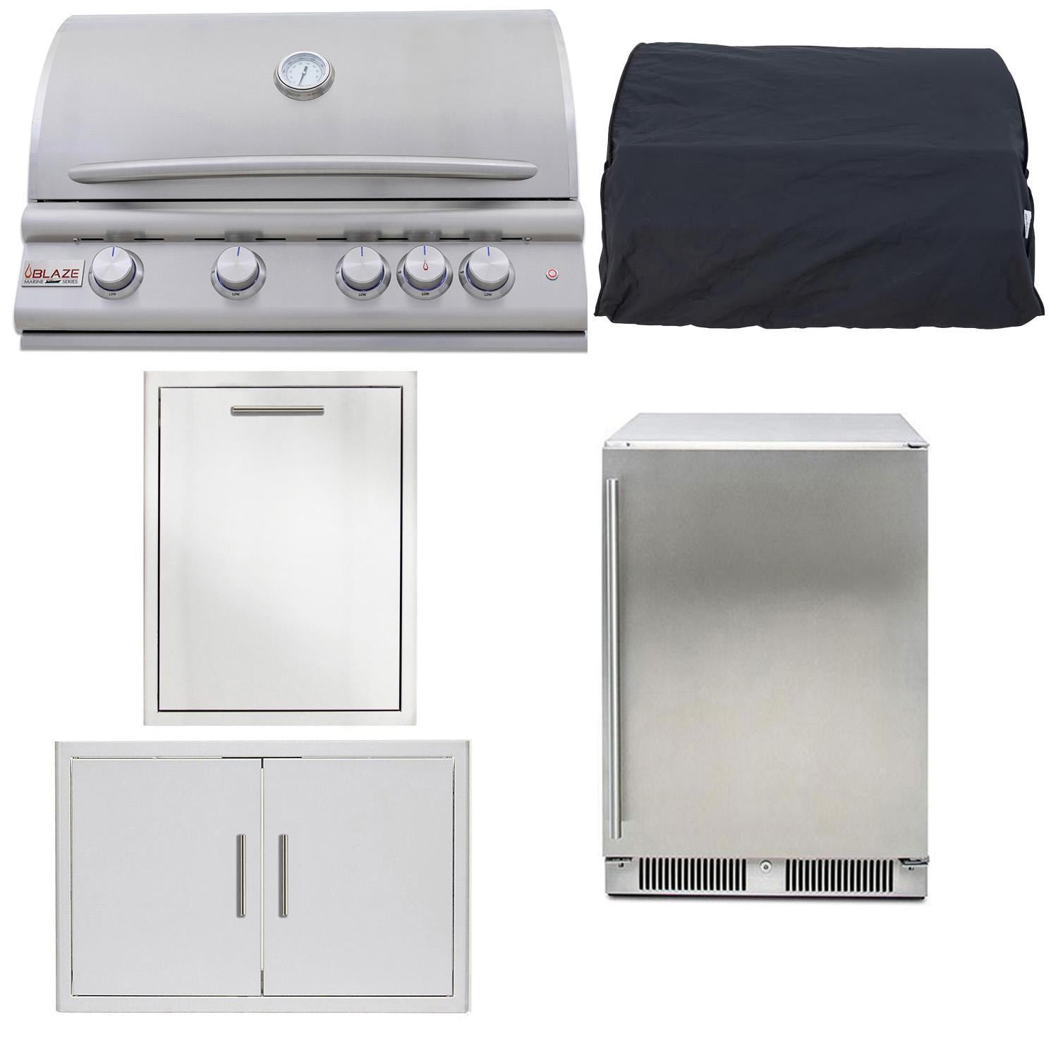 Blaze LTE+ 5 Pc Outdoor Kitchen Package w/ Refrigerator, Double Trash / Recycling Bin, & Marine Grade 32-in Natural Gas Grill