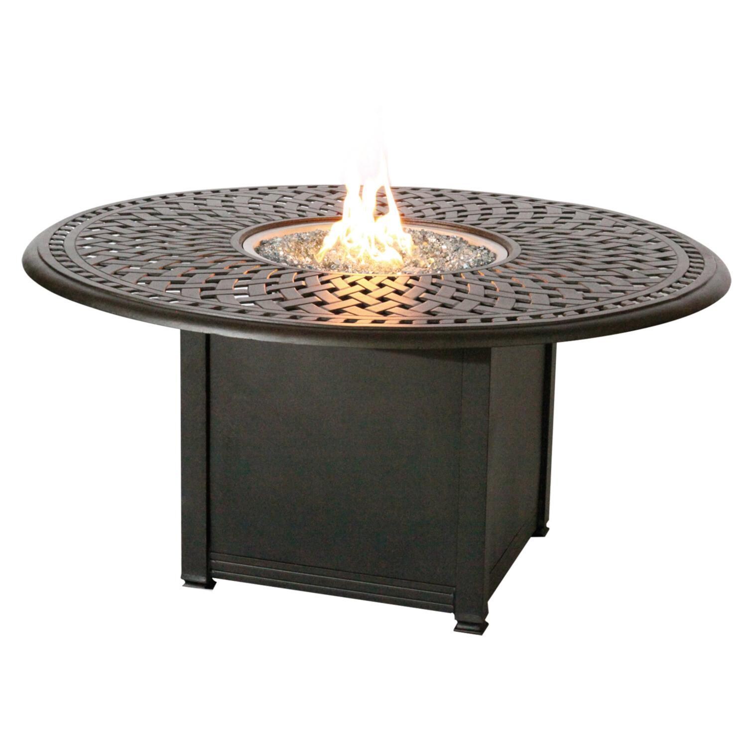 Darlee 201030-7PC-60GD Sedona 7 Piece Cast Aluminum Patio Fire Pit Dining Set W/ 60 Inch Round Table & Beige Canvas Cushions - Fire Pit Table thumbnail