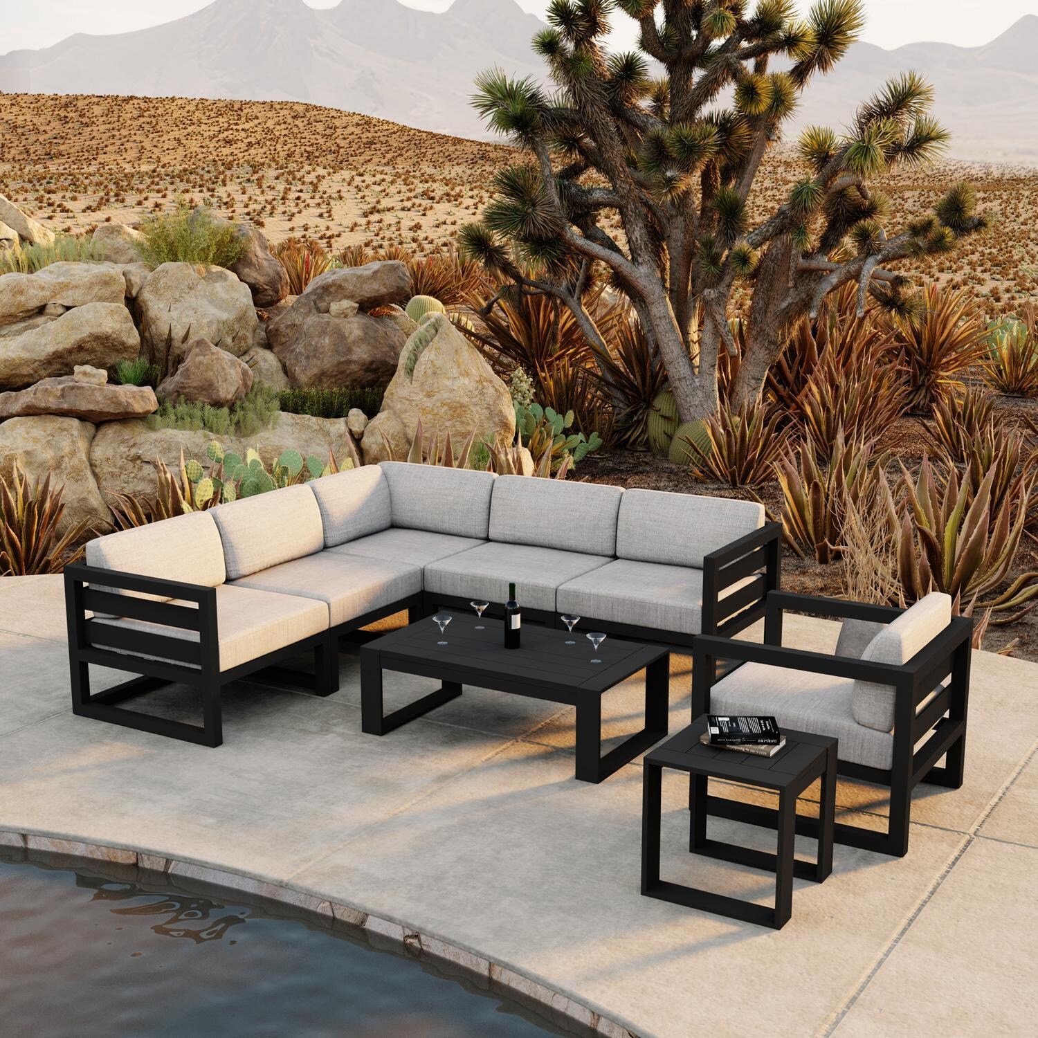 Lakeview MSTYCV-BK-8SEC-CS Misty Cove 8 Pc Aluminum Sectional Set in Black w/Coffee Table & Cast Silver Cushions by Lakeview Outdoor Designs - Set by the Pool - Lifestyle thumbnail