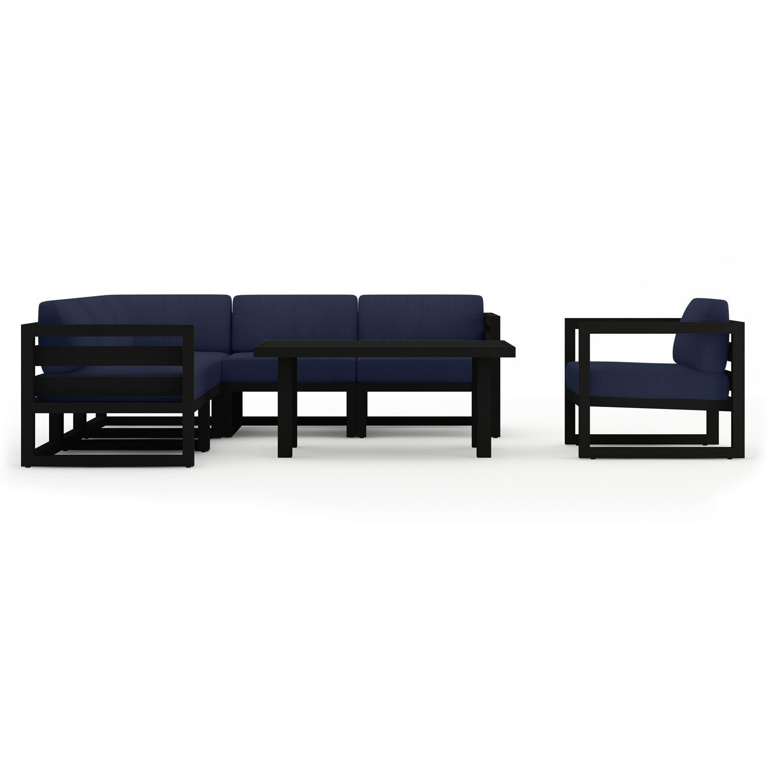 Lakeview MSTYCV-BK-SET212-IN Misty Cove 7 Pc Aluminum Sectional Set in Black w/Chat Table & Spectrum Indigo Cushions by Lakeview Outdoor Designs - Set - White Background thumbnail