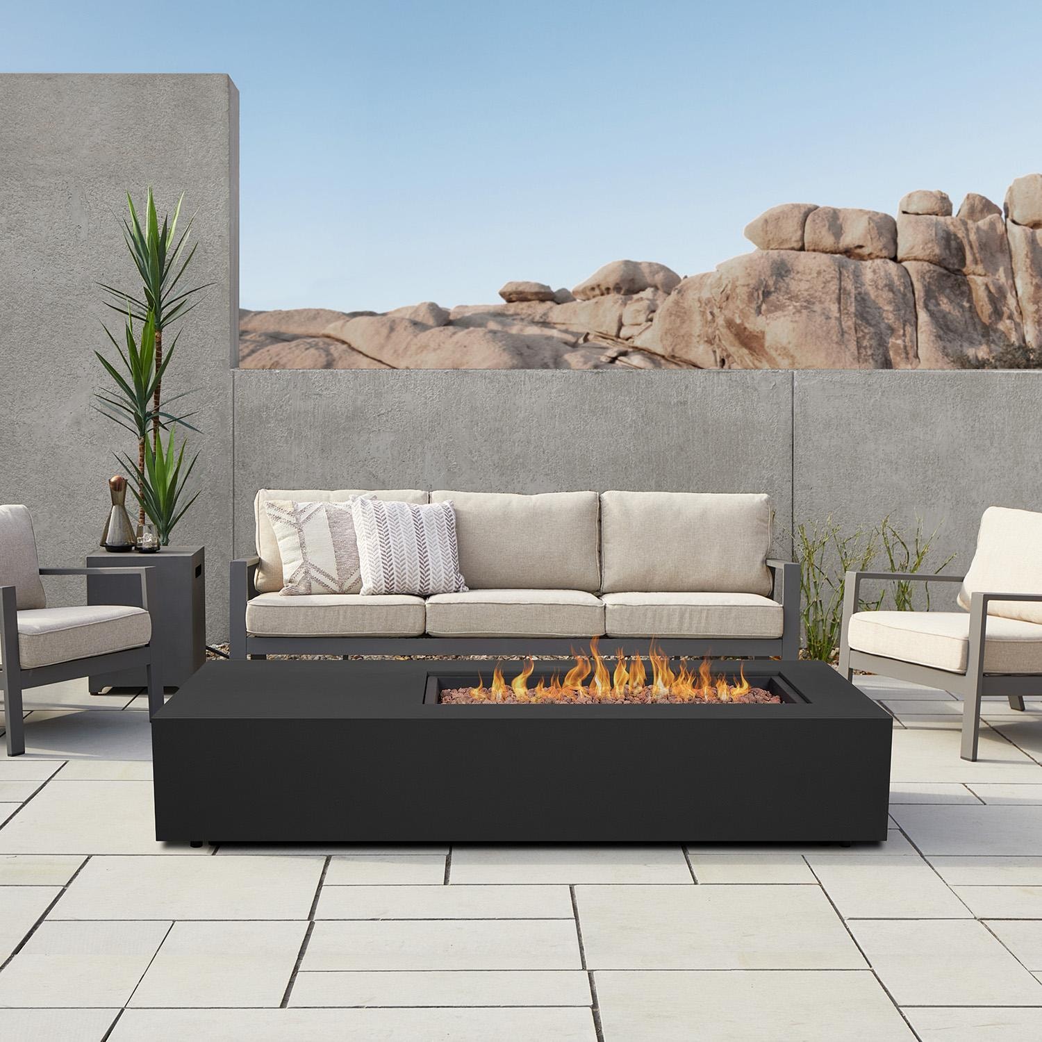 Elysian 75-in Rectangular Steel Propane Fire Pit Table in Black by Lakeview - On Patio - Lifestyle thumbnail