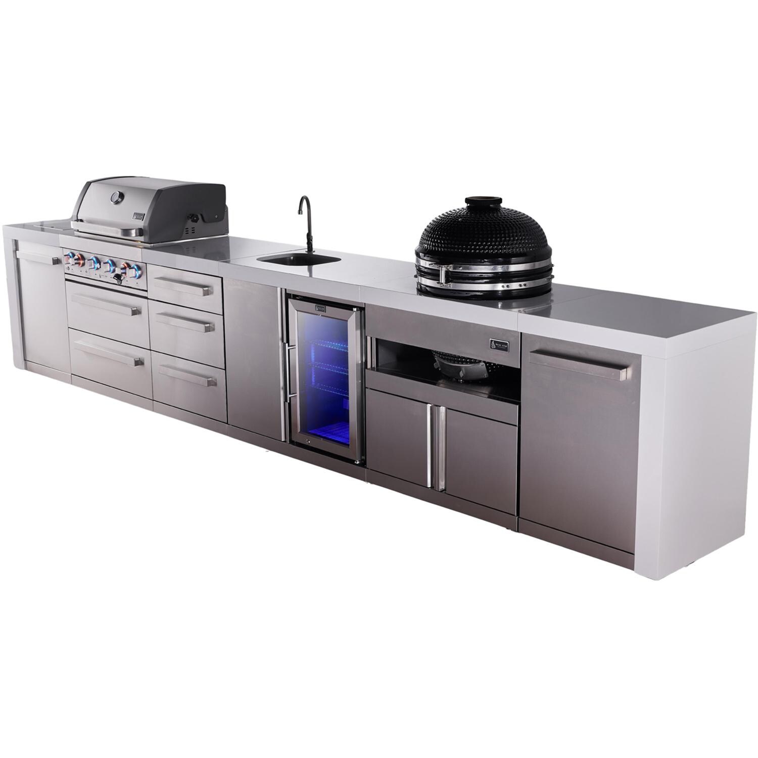 Mont Alpi Deluxe Series 14 Ft Natural Gas Outdoor Kitchen Island w/ 32-in Grill, Side Burner, Beverage Center, Kamado Module & Triple Drawer (Ships Propane w/ Conversion Kit) - Angled Right - White Background thumbnail