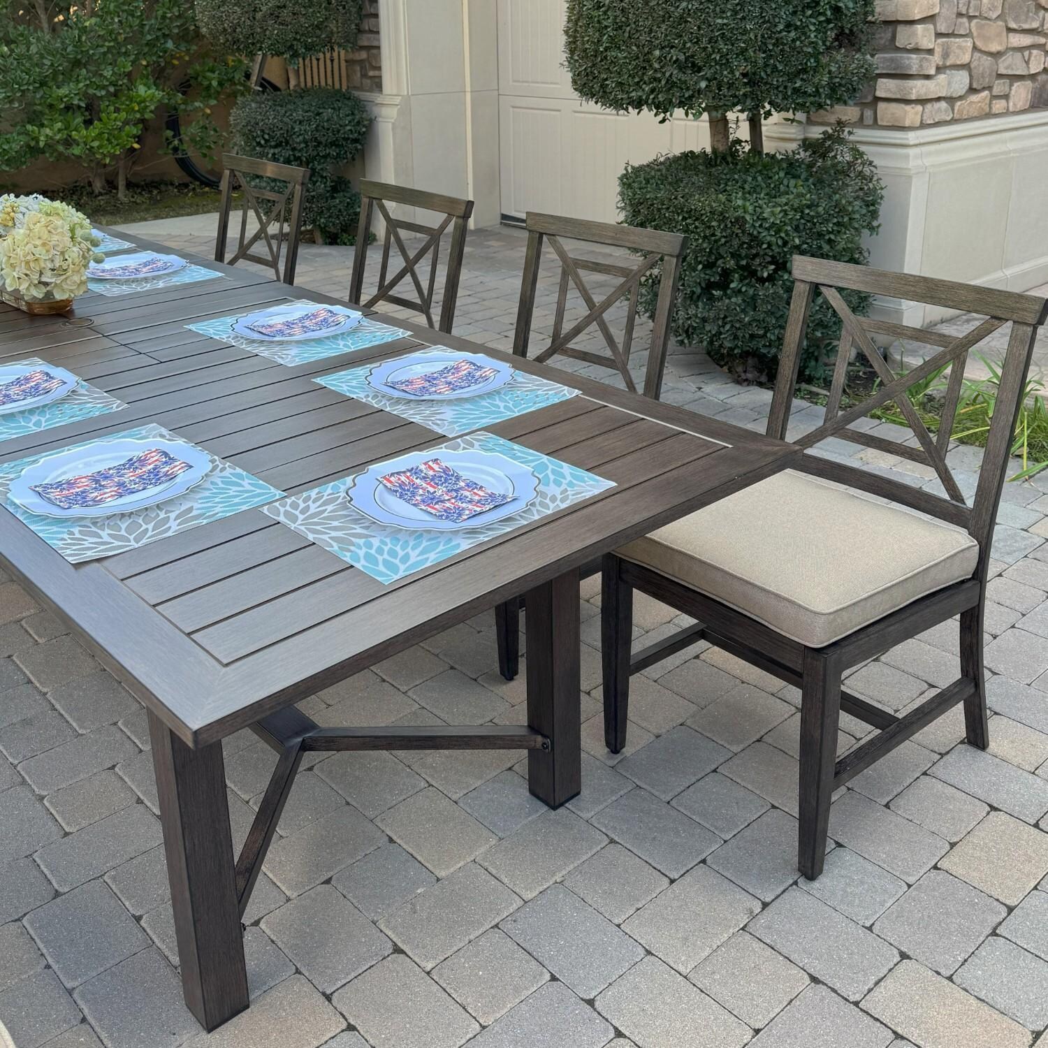 Atlantis 9 Pc Aluminum Dining Set w/ 6 Dining Side Chairs, 2 Two Person Benches & Extension Table in Walnut/Beige by Darlee - Angled View - Lifestyle thumbnail