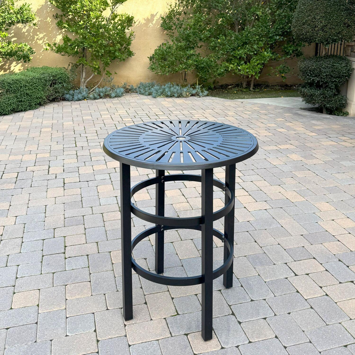 Bella Aluminum 3 Pc Patio Bar Set w/ 30-in Round Counter Height Bar Table in Blue by Darlee - Bar Table - Lifestyle thumbnail