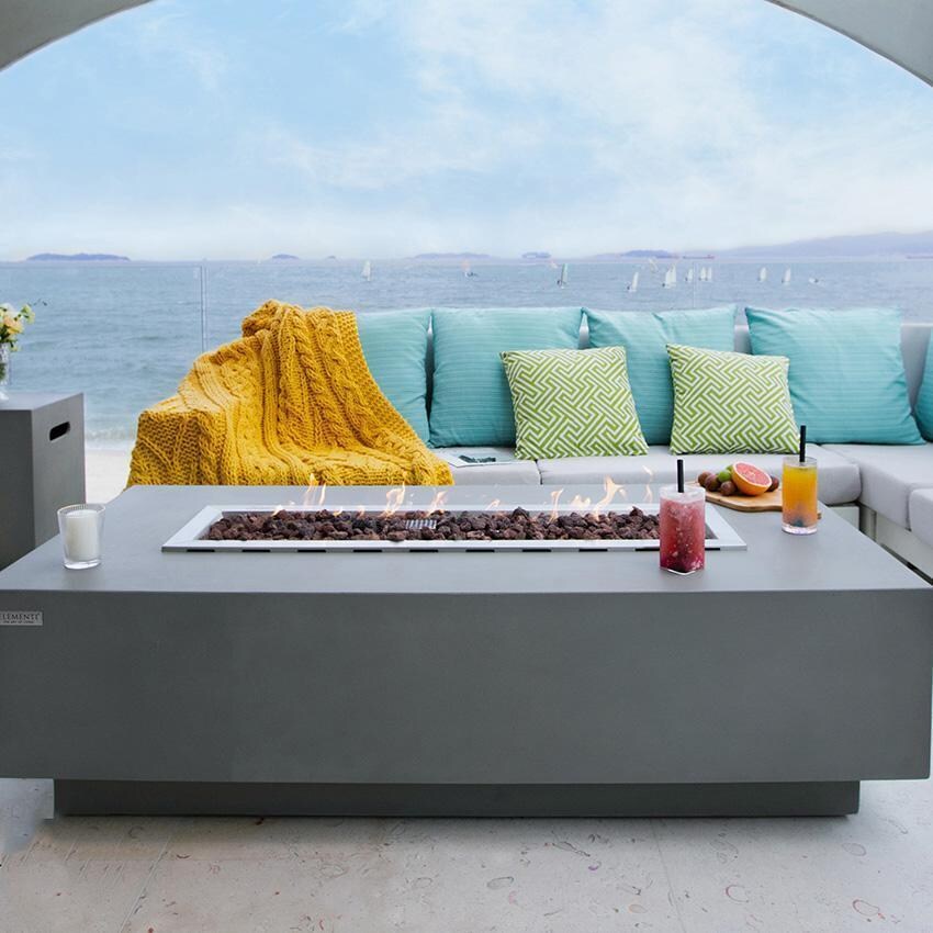 Granville 60 Inch Rectangular Concrete Propane Fire Pit in Light Gray By Elementi