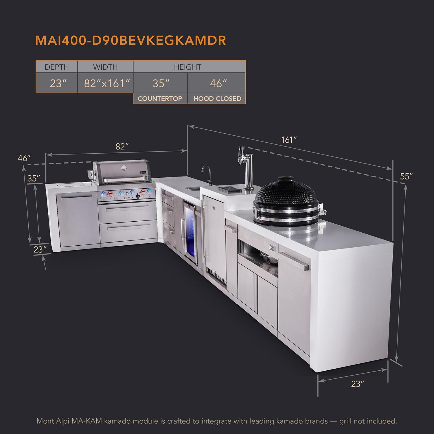 Mont Alpi Deluxe Series 13 1/2 Ft L-Shaped Natural Gas Outdoor Kitchen Island w/ 32-in Grill, Side Burner, Beverage Center, Kegerator, Fridge, Kamado Module & Triple Drawer (Ships Propane w/ Conversion Kit) - Dimensions - Dimensional thumbnail