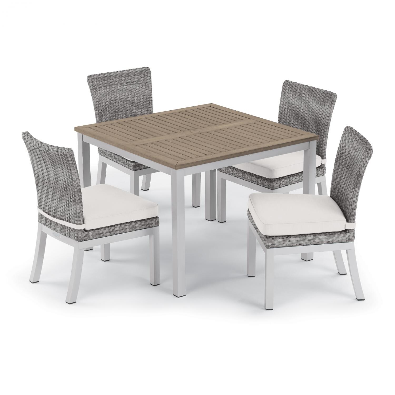 Argento 5 Piece Wicker Patio Dining Set W/ 39 Inch Square Tekwood Vintage Table, Side Chairs & Eggshell White Cushions By Oxford Garden thumbnail