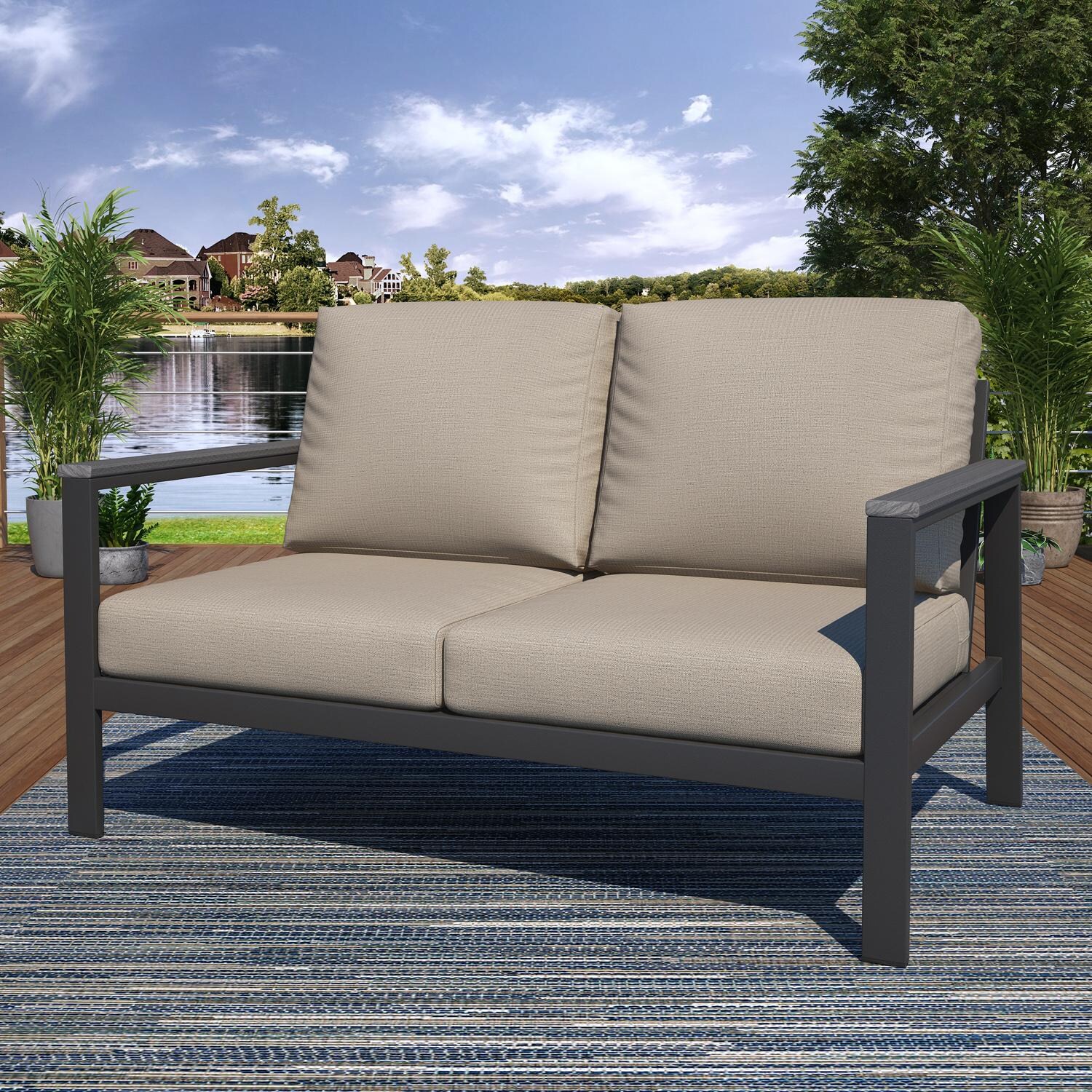 Lakeview NC6400TANGARM-9PC-SM Oasis Bay 9 Pc Aluminum Seating Set in Brown/Spectrum Mushroom - Loveseat - Lifestyle thumbnail