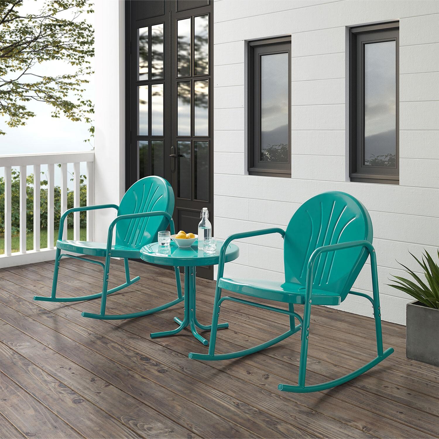 Ultimate Patio UP-32253TU 3Pc Retro Outdoor Rocking Chair Set in Turquoise - Different Angle - Lifestyle thumbnail