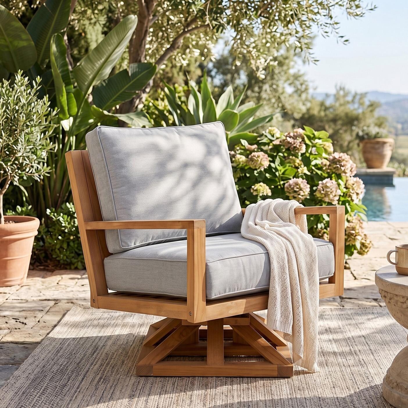 Royal Teak Collection COASW-G Coastal Teak Swivel Chair w/ Sunbrella Cushions in Canvas Granite - On Patio - Lifestyle thumbnail