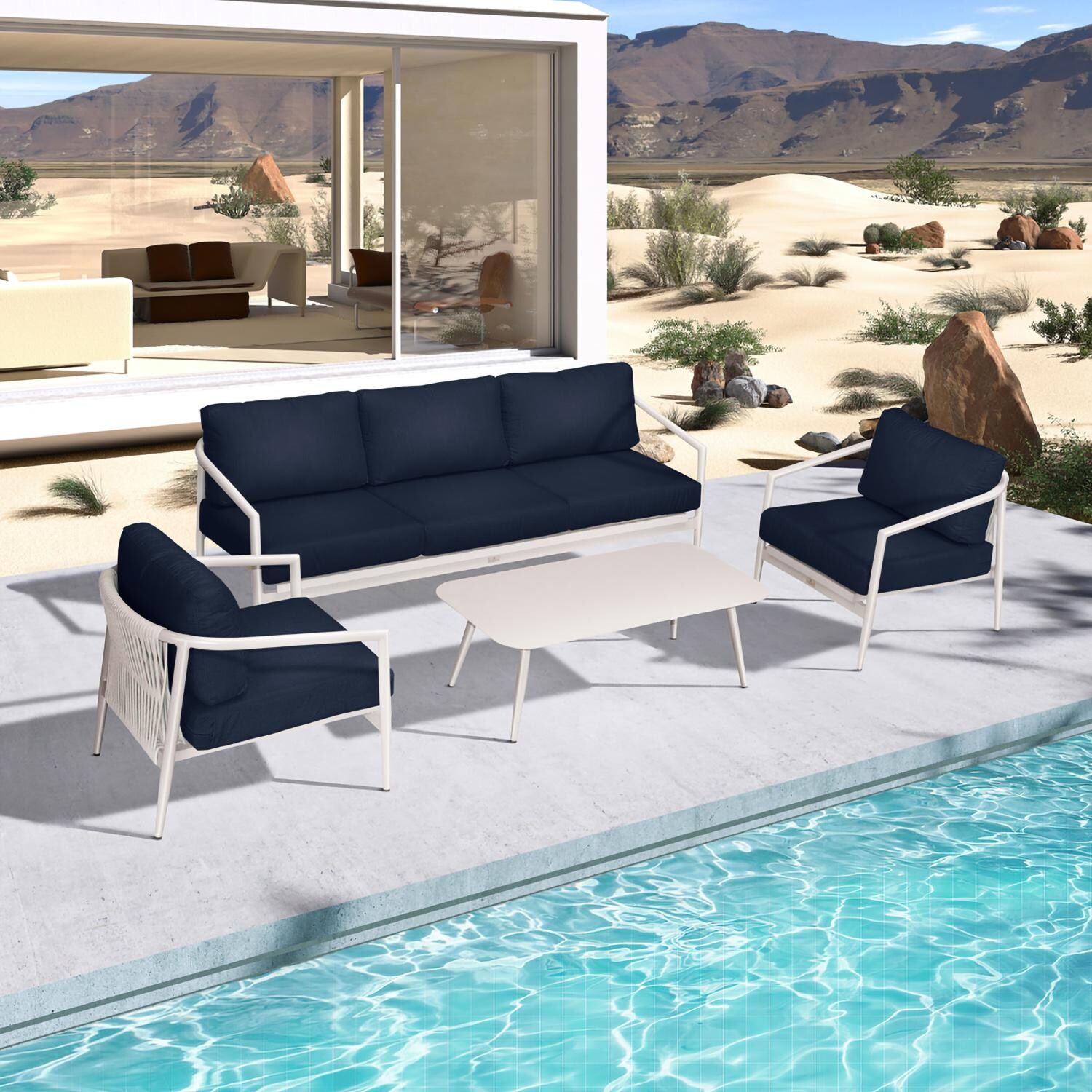 Lakeview Midnight Cove 4 Pc Aluminum Sofa Seating Set in Urban Stone/Carrera/Spectrum Indigo - Top - Lifestyle thumbnail