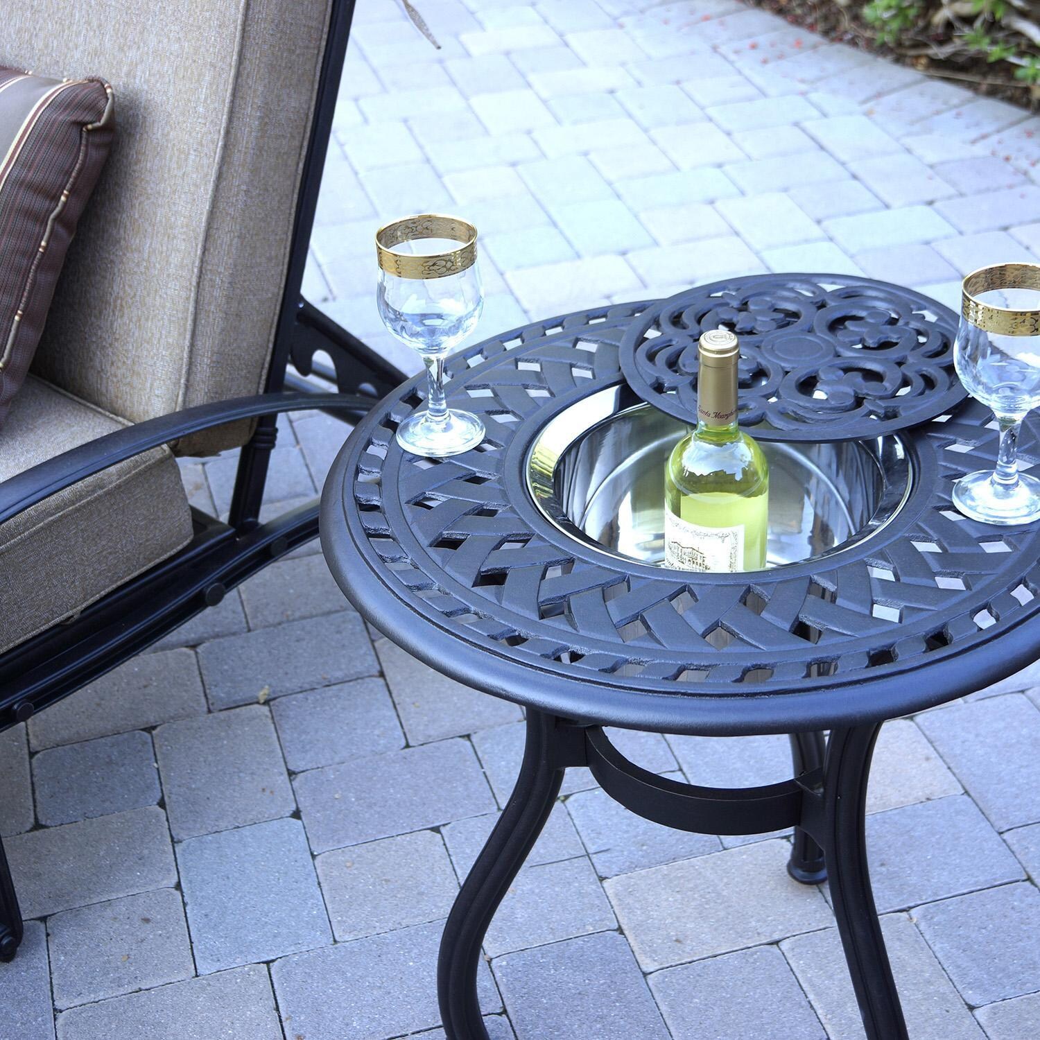 Darlee Elisabeth 3 Pc Cast Aluminum Chaise Lounge Set w/ 24 Inch Ice Bucket End Table & in Antique Bronze/Beige Canvas - Table w/ Glasses - Lifestyle thumbnail