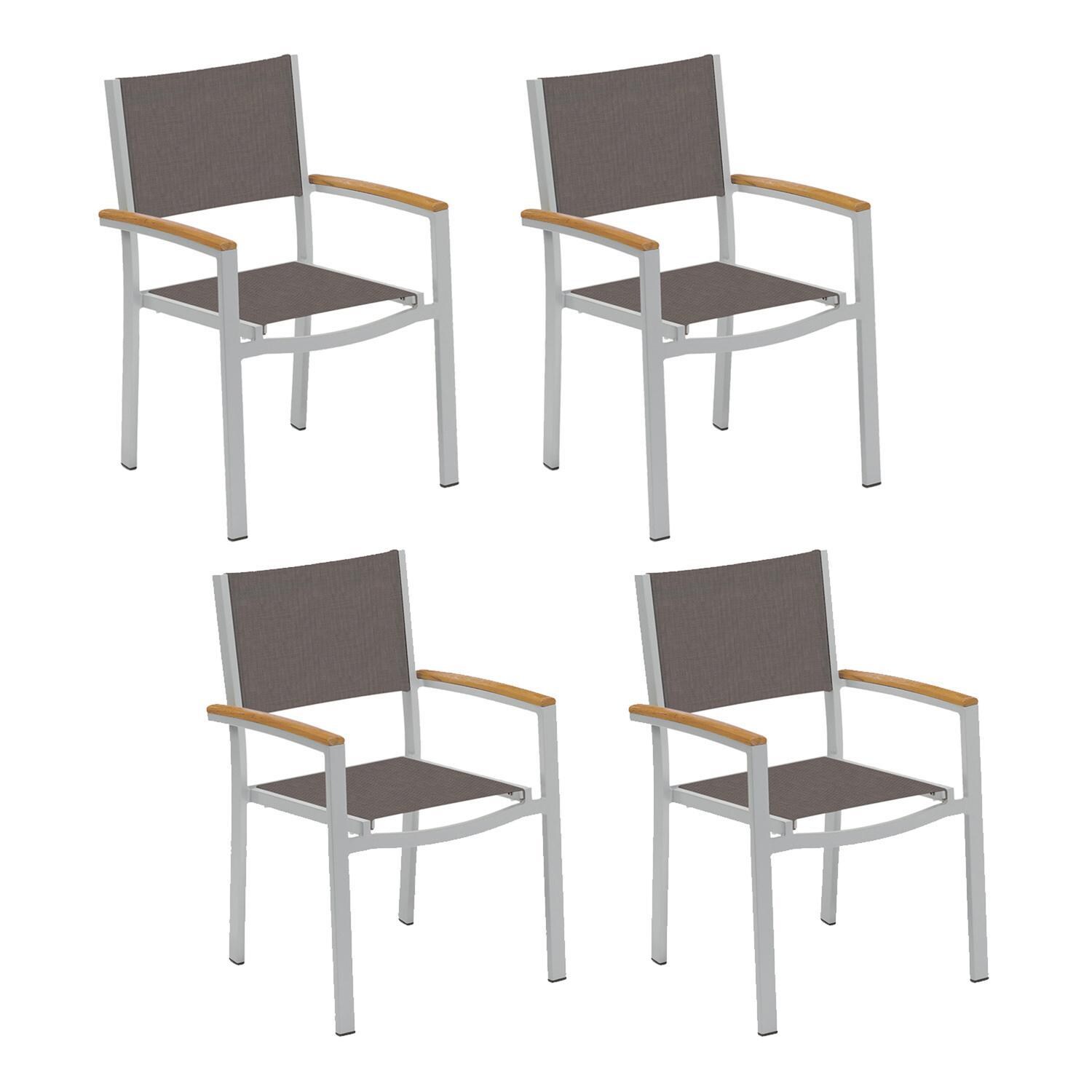 Travira 4 Pc Composite Sling & Aluminum Dining Chair W/ Natural Tekwood Arm Caps in Flint/Cocoa By Oxford Garden