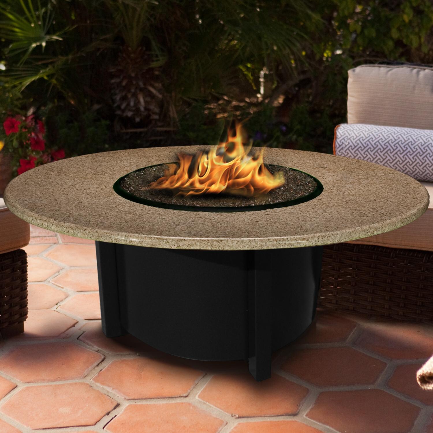 California Outdoor Concepts Carmel 48-Inch Propane Fire Pit Table With Black Base - Chat Height - Black Mahogany Granite Top - Black Reflective Fire Glass - 5010-BK-PG10-BM-48 (Shown With Sunset Gold Granite Top) thumbnail