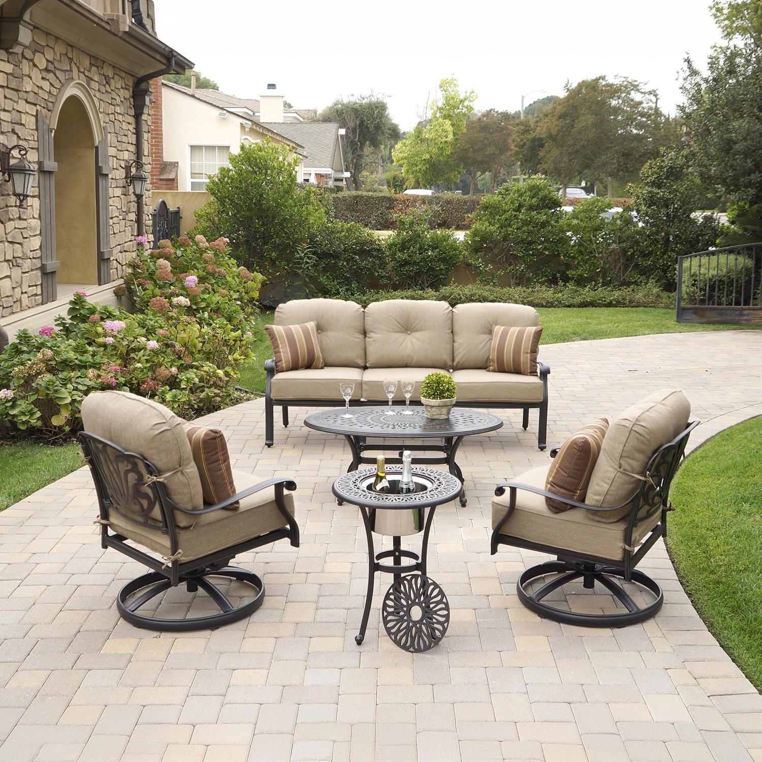 Elisabeth 5 Pc Cast Aluminum Seating Set w/ 21 X 21 Inch Oval Ice Bucket End Table & Throw Pillows in Antique Bronze/Beige Canvas by Darlee