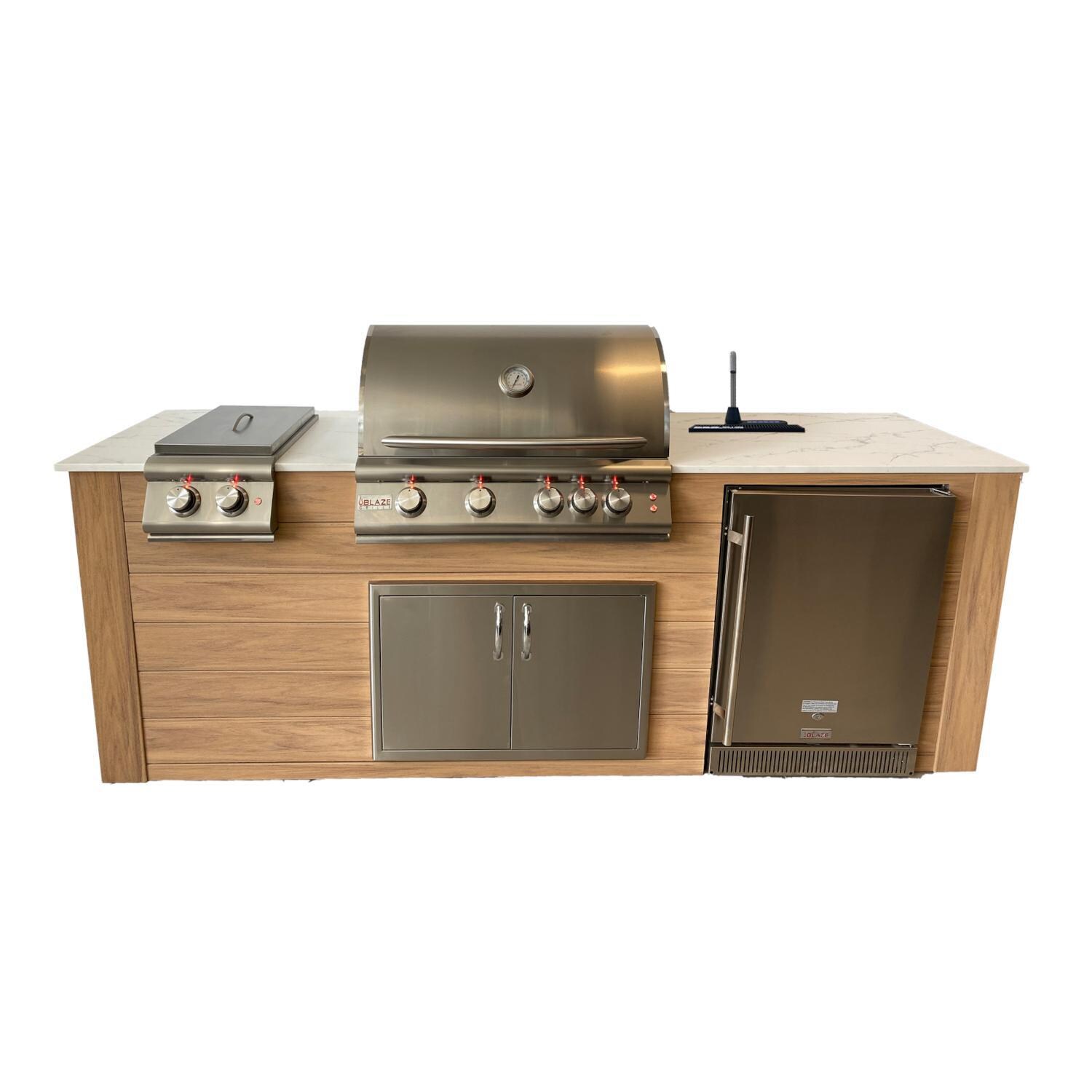 Pro-Fit 8-Foot Outdoor Kitchen Island W/ Blaze Premium LTE 32-Inch Propane Gas Grill, Double Side Burner, Refrigerator & Beverage Dispenser - Golden Cypress / Bianco Giulia A Satin image